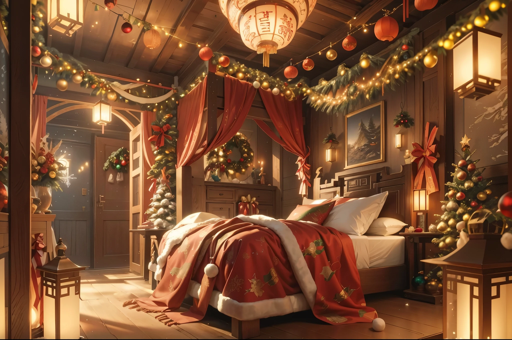(best quality,4k,8k,highres,masterpiece:1.2),ultra-detailed, ancient Chinese style room, Christmas decorations, Christmas, snow, stockings, Christmas tree, star, pine tree, gift boxes