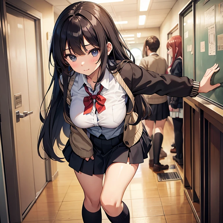 Detailed ,A long-haired, breast-fed high school girl wearing a cardigan shirt and knee-length skirt walks in a school hallway crowded with students.