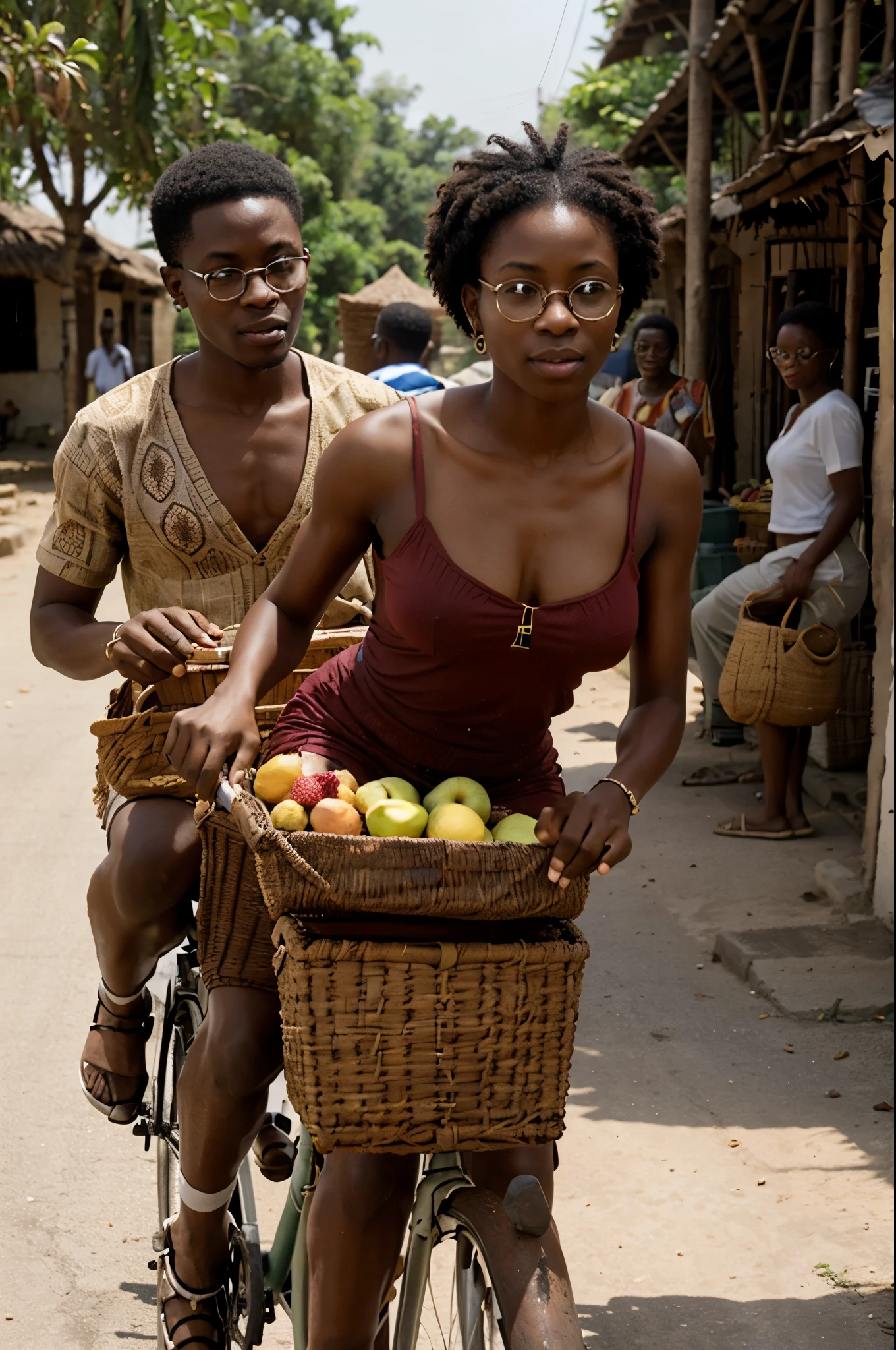 "A yoruba young man with lower afro wearing eyeglasses riding bicycle with cocoa sack, flirting with a young lady carrying a basket of fruits, behind them are their friends gesturing to her not to pay attention to the guy's sweet mouth. The scene should be set in a Yorùbá village.