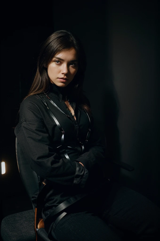 (a woman),(sitting,chair:1.1,full body view)(chained),(detailed),(highres,realistic:1.2),(portrait),(dark,contrast:1.1),(studio lighting),(vivid colors),(solitary,isolated)