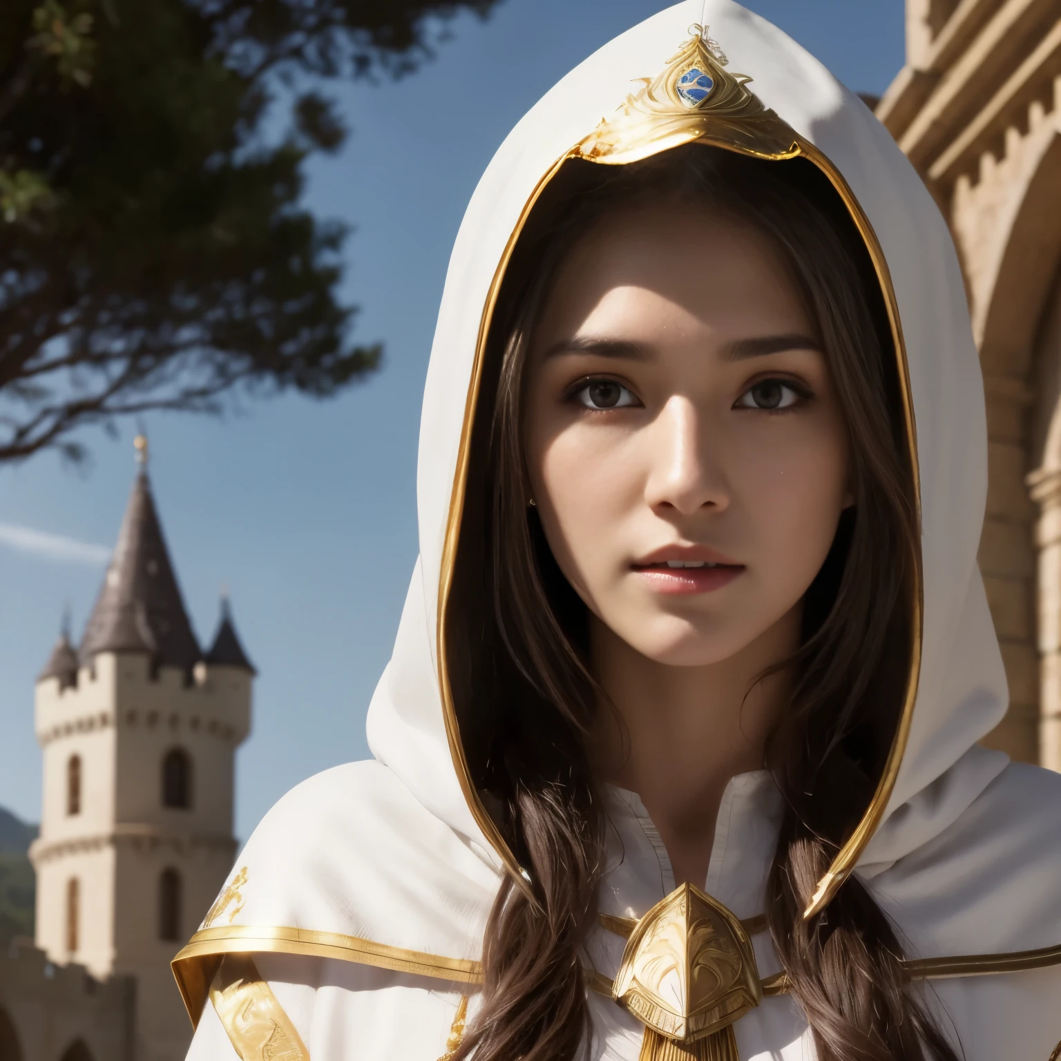 Image 16k ultra hd 3x4 young role-playing style woman brown hair fair skin upturned nose wearing white tunic with gold details cleric priestess style with detailed hood and innocent expression profile image chest and face landscape background RPG castle sunny day centered face detailed ultra hd