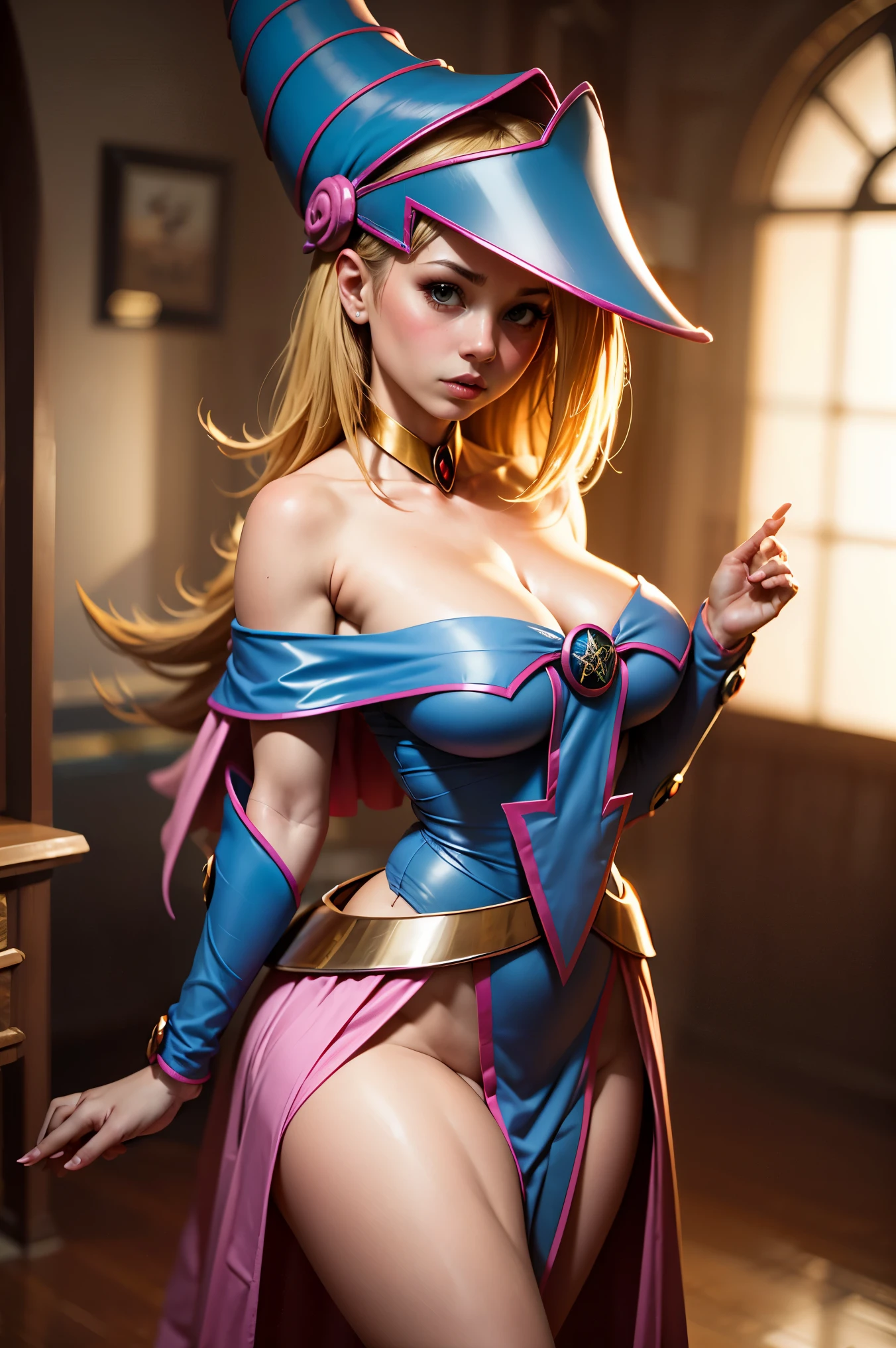 (Obra maestra:1.2), (La mejor calidad:1.2), Perfect lighting, Chica Maga Oscura lanzando un hechizo, In his twenties, flotando en el aire, tetas grandes, escote, blue robe, sombrero grande, desde arriba, Destellos, Yugioh juego, Magic of the Heart. Heart lights, Romantic Heart