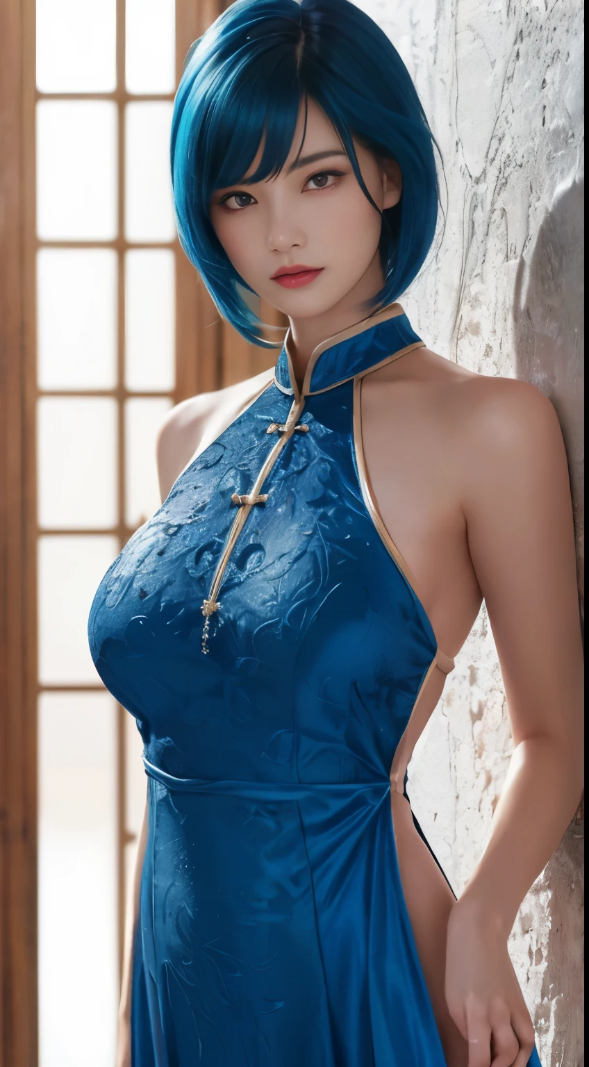 ((((masterpiece, Best Quality, High resolution)))), extremely detailed 8K, sexy Beautiful japanses girl with slim body, (Ultra HD, Ultra-detailed, Highly detailed, Highly realistic, Ultra-realistic, photos realistic), (1girl:1.5), blonde hair, short bob cut like, (dynamic poses), facing at camera, light smile, (huge breasts: 1.2), (beautiful detailed face, Beautiful detailed eyes), Anatomically accurate hands structure, Anatomically accurate fingers structure,(wearing a sexy Japanese long silk see-thourgh dragon embroidery skirt:1.5), Glow, Sweat, (rays of sunshine, Sunlight),(topless,sunburn marks, whole breasts visible, whole nippels visible:1.5), sexy long legs, nakeness,bared chest,Sexy, Blushing,look up to the sky, (widely spacious royal palace garden:1.4), full body view, long shot view, ultra realistic wide landscape, photogenic scenery, spot light on face