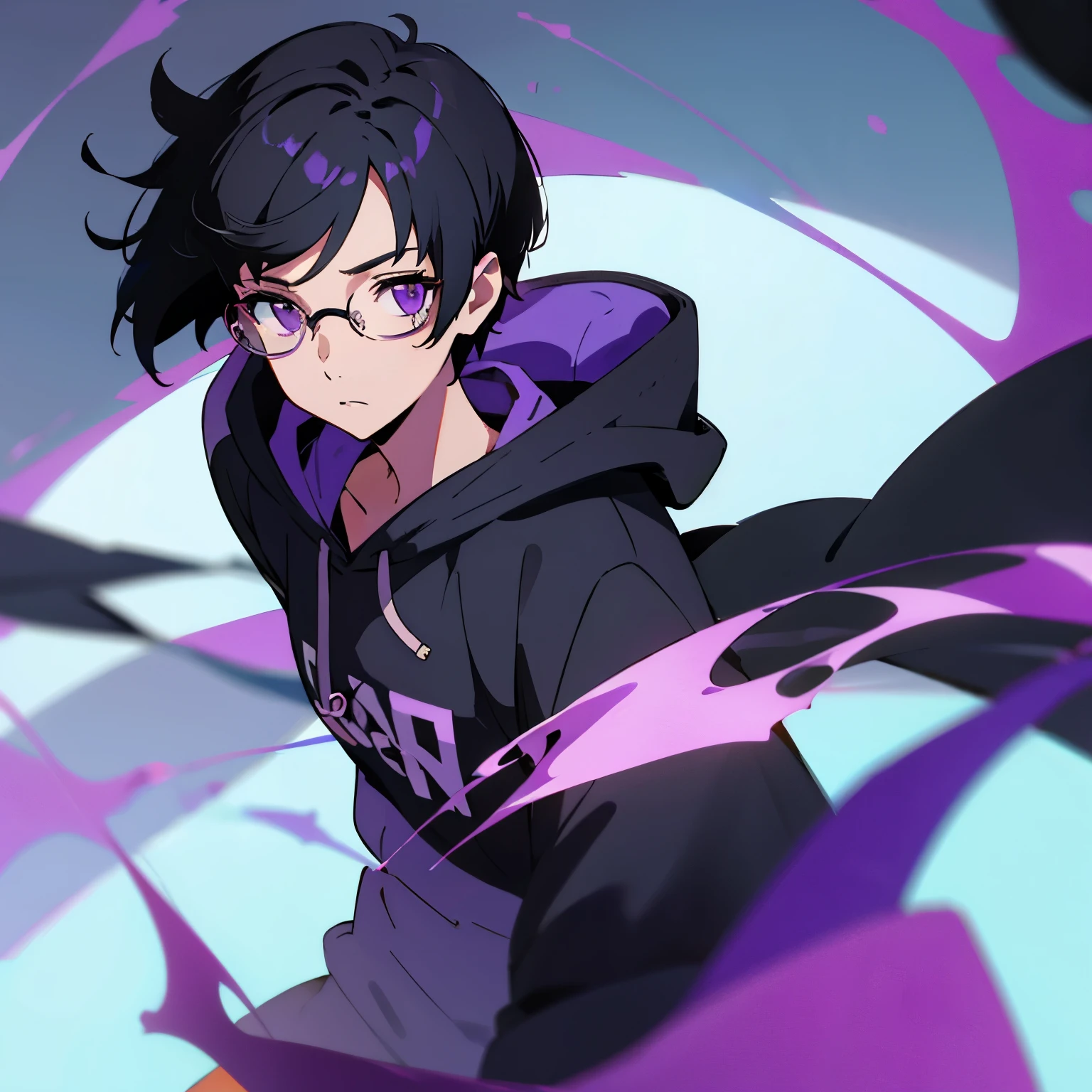 Short Black hair, purple eyes, glasses, hoodie