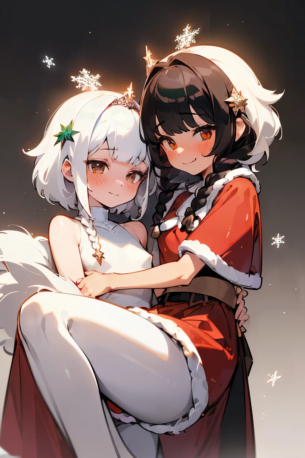 ((masterpiece)), (best quality),  (carried by another girl:1.4), (2girl), (The bodies of the two girls do not merge:1.5), secret log house, christmas tree, christmas decorated, (anime, flat color:1.3), dynamic angle, correct body structure, cinematic lighting, light particle, maximum detailed face, maximum detailed texture, maximum detailed shadow, maximum detailed background, 8k, ((1girl, (white hair), short hair, (black eye), complex eye, shiny eye, shiny skin, pensive expression, blush:1.3), (metallic sequins and snowflake pattern stealth santa costume, glowing skirt, fluffy hat:1.3), (princess carry, carrying another girl:1.4)), BREAK (1girl, smirk, smile wavy mouth, twin braids hair, black hair, brown eyes, small breasts, red party-dress with white fur, blush:1.3)