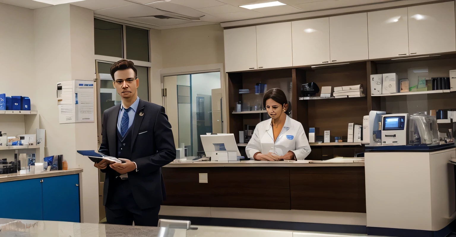 medical equipment, buy medical equipment over counter, show some equipment in the back, male medical consultant behind counter, female buyer on other side of the counter, formal wear. Landscape dimensions for website banner