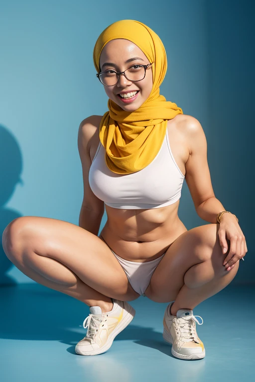 Sexy Malay woman naked and squat in front of a yellow and light blue background, squatting, white sneakers, laughing, glasses, hijab, medium breast, slim, small abs, wide waist,