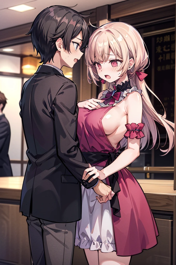 Perfect human body、1 boy,1 girl、A couple、heterosexuality、 NSFW, ((street)), (very highly detailed background), (((Stand next to the girl、Man puts his hands on girl's waist))), (Plastic tops),mini-skirts、鎖骨,Oversized chest, Convex milk,((woman with fever)), ((perspiring,steamy,Upper grades))), 、mini-skirts、((The expression of coloce flushed), 大男子气概的男人Stand next to the girl、looking at viewert,Shame PLAY,