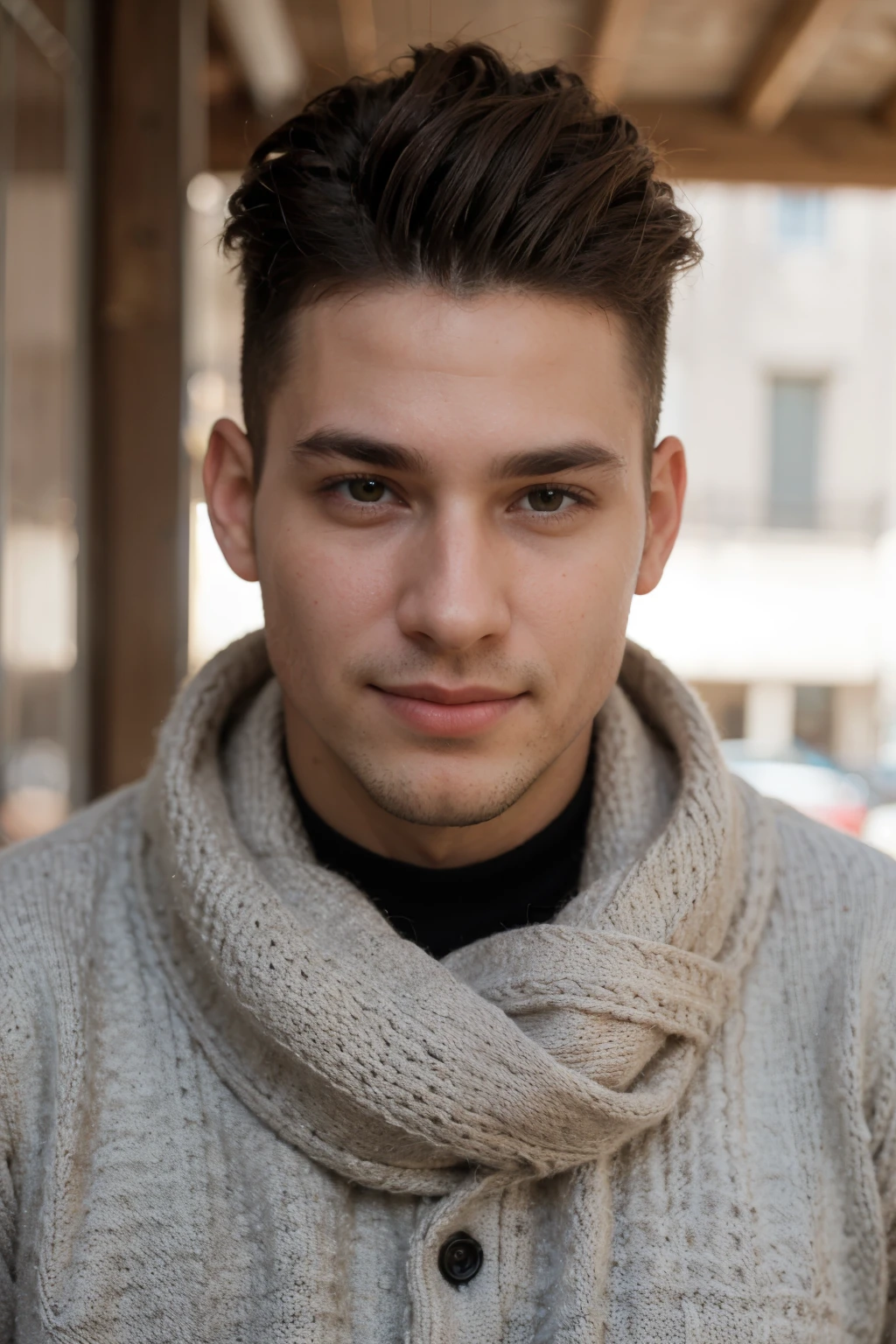 Hombre. ((La mejor calidad)), ((Obra maestra)), (Detallado), Cara perfecta. 35-year-old man. Pelo moreno. Ojos marrones. Hair with a pompadour and shaved sides. Sonriendo. Tiene puesto un abrigo y una bufanda roja