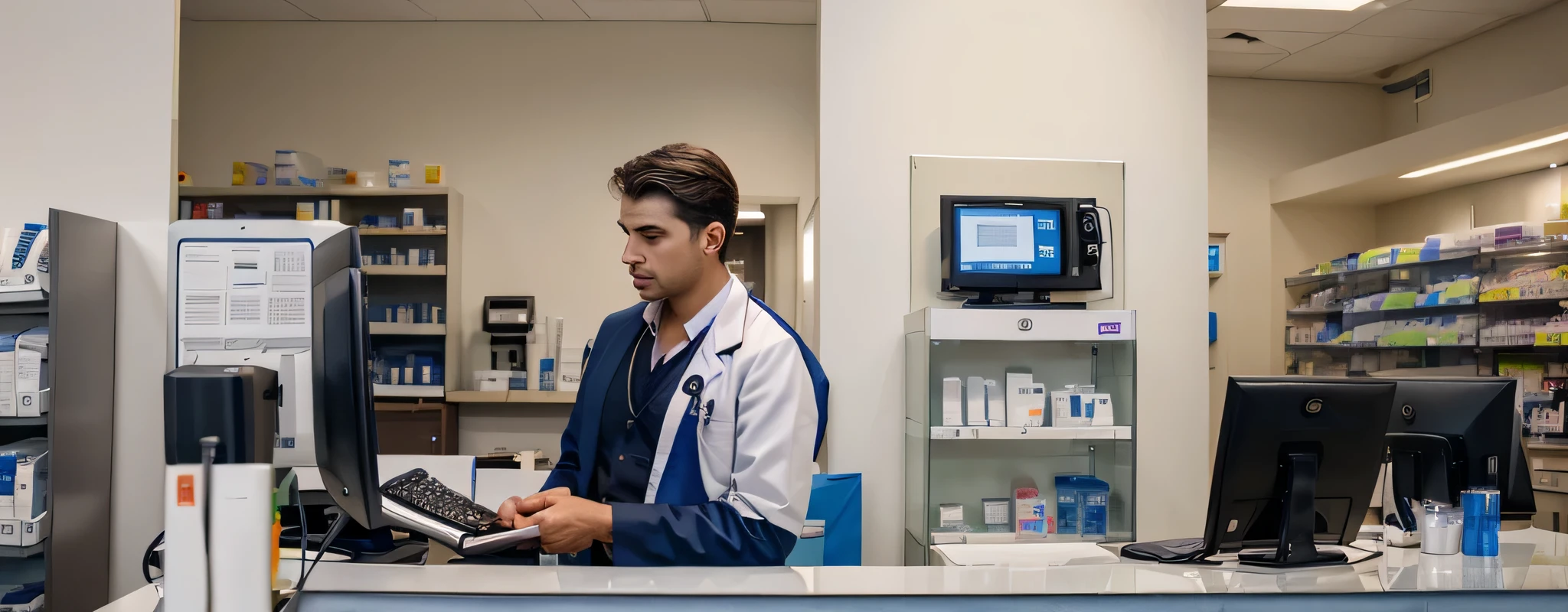 medical equipment, buy medical equipment over counter, show some equipment in the back, male medical consultant behind counter, female buyer on other side of the counter, formal wear. Landscape dimensions for website banner, realistic quality, HD Quality, Taken with DSLR Camera on F11
