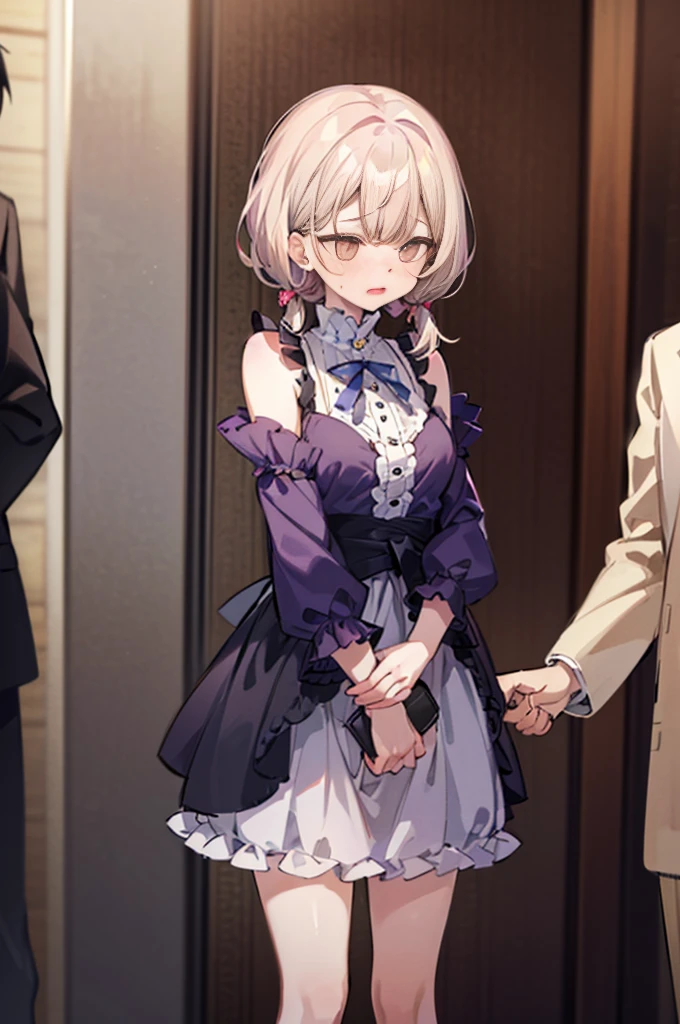 Perfect human body、1 boy,1 girl、A couple、heterosexuality、 NSFW, ((street)), (very highly detailed background), (((Stand next to the girl、Man puts his hands on girl's waist))), (underdressinini-skirts、鎖骨,Oversized chest, Convex milk,((woman with fever)), ((perspiring,steamy,Upper grades))), 、mini-skirts、((The expression of coloce flushed), 大男子气概的男人Stand next to the girl、looking at viewert,Shame PLAY,