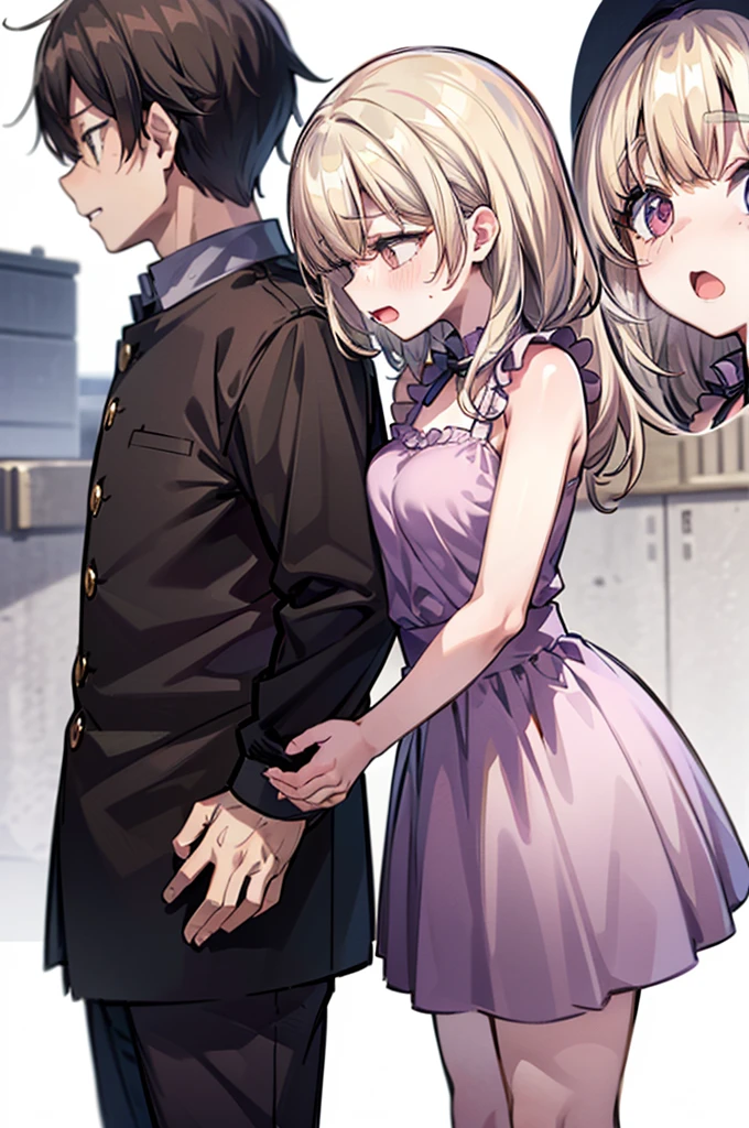 Perfect human body、1 boy,1 girl、A couple、heterosexuality、 NSFW, ((street)), (very highly detailed background), (((Stand next to the girl、Man puts his hands on girl's waist))), (underdressinini-skirts、鎖骨,Oversized chest, Convex milk,((woman with fever)), ((perspiring,steamy,Upper grades))), 、mini-skirts、((The expression of coloce flushed), 大男子气概的男人Stand next to the girl、looking at viewert,Shame PLAY,