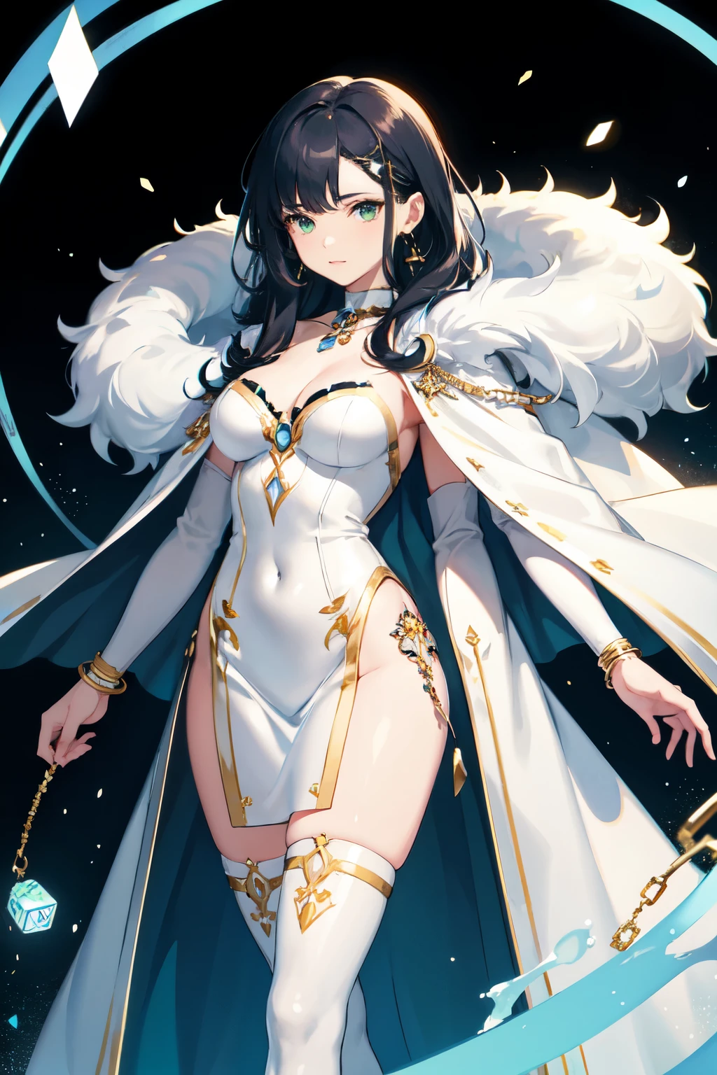 illustrates: Yelan is a tall woman with dark blue hair and asymmetrical bangs lighter at the ends and light emerald green eyes. Yelan also sports a pair of white, blue-tipped earrings that resemble teardrops. Yelan's outfit consists of a dark suit adorned with silver details and a blue coat. Her outfit is decorated with a series of trinkets and accessories, including white bracelets on her arms and a series of chokers and necklaces around her neck from which hangs a dice-like amulet. In addition to this, Yelan keeps a white furry coat hanging from the back of his outfit that resembles a cape and sports a pair of thigh-high boots that leave a portion of his thigh exposed, where his Hydro Vision is attached.