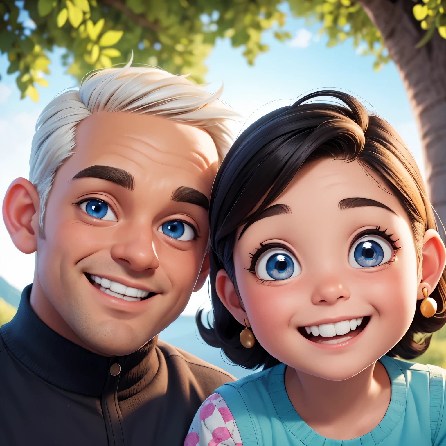 An illustration of an adorable couple, Highlight for a smiling chubby white man and a white woman with beautiful expressive eyes - the man's skin is white and the man's hair is black with receding, while the woman's skin is white and the woman's hair is curly and blonde. They are in a bright park, cada um com um sorriso no rosto, e compartilhar um momento especial caracterizado pelo amor, Insights. Illustrate this scene from a perspective where they are facing the camera, Smiling and Showing Your Connection. Desenvolva esta arte em Full HD, Focus on your cinematic touch, Estilo Disney Pixar Animations