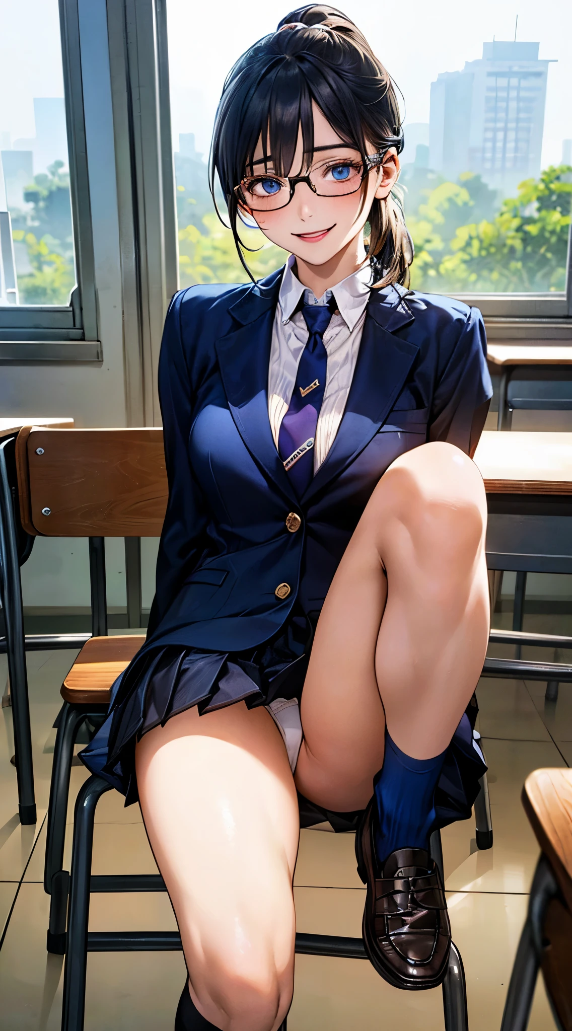 (masterpiece:1.2, top-quality), (realistic, photorealistic:1.4), beautiful illustration, NSFW,
looking at viewer, cowboy shot, front view:0.8,
1 girl, japanese, high school girl, black hair, (middle hair:1.4, low ponytail:1.2), bangs, hair between eye, blue eyes, large breasts:1.0, black-rimmed glasses, (thick thighs),
beautiful hair, beautiful face, beautiful detailed eyes, beautiful clavicle, beautiful body, beautiful chest, beautiful thigh, beautiful legs, beautiful fingers,
(beautiful scenery), dawn, bright and refreshing classroom, desks, chairs, curtains,
((dark blue blazer, dark blue pleated miniskirt, socks, private school uniform:1.2, russet necktie)), white panties,
(swollen), ((seductive posture: 1.2, attractiveness: 1.2)), (idle),
(erotic,sexy, upper eyes, smiling smile: 1.2), shiny skin, open mouth,
perfect face, cute and symmetrical face, natural side lighting, movie lighting),