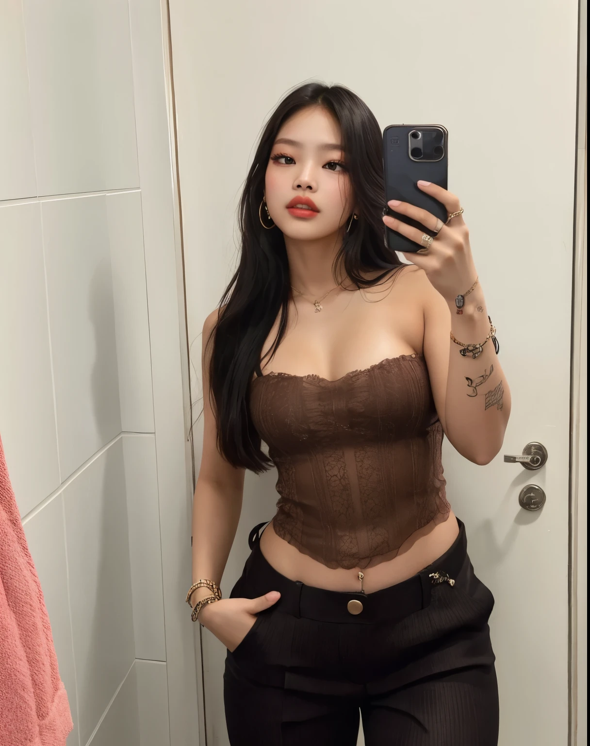 Jennie tirando uma selfie em um espelho do banheiro, usando camisola e botas, espartilho marrom, 18 anos, Jennie blackpink, Parece Jennie Kim, olhar sexy, Violeta Myers, Olivia de Bernardinis, Lacey, usando um top cropped sexy, Bralette, 21 anos, roupa muito sexy, Jennie blackpink