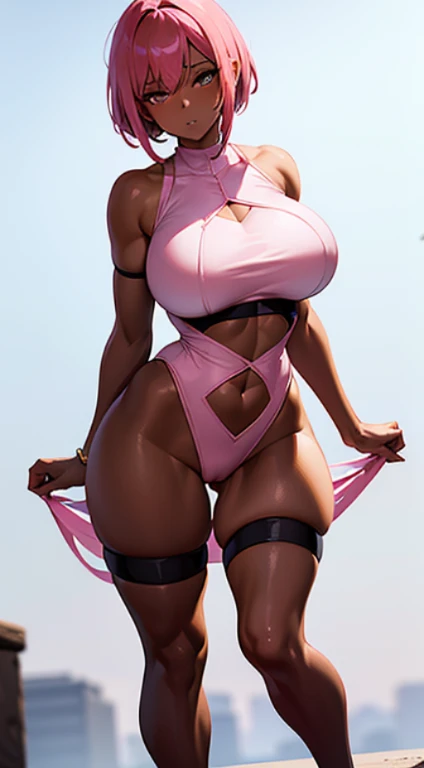 sexy pose, pink hair, (short bangs hair:1.36), detailed brown eyes, narrow waist, depth of field, 1girl, (on a   background:1.3), (full body), big breasts, wide hips, athletic figure, ((thigh cutout)), (((dark skin))), oily skin,