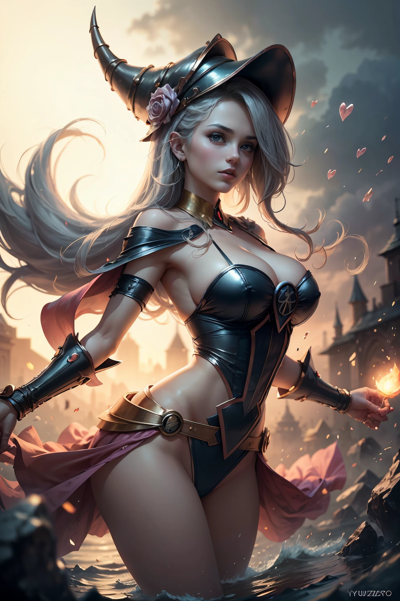 (Obra maestra:1.2), (La mejor calidad:1.2), Perfect lighting, Chica Maga Oscura lanzando un hechizo, In his twenties, flotando en el aire, tetas grandes, escote, blue robe, sombrero grande, desde arriba, Destellos, Yugioh juego, Magic of the Heart. Heart lights, Romantic Heart