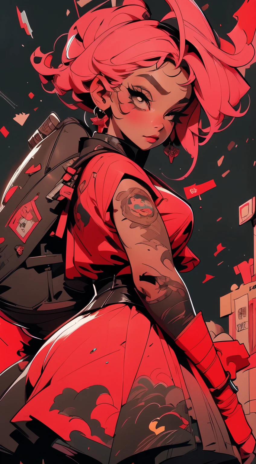 ((Very nice girl in full height)). With pink hair, posing in black and pink clothes with pink rhinoceros, tanned skin, dark skin, seductive - hot stripper, very sexy, modern style, comic book, cyberpunk, future, color fill, rich colors. Very graceful, stands half-turned, in a sporty pose, looking at the viewer. Tattoos on the body, fashionable short dresses and devices on the body. 2_Strip club, city of the future, evening city, lanterns, illumination. 3_High image quality, Full HD, cinematic comic, 3D visualization_in comic style - linear stroke, color fill, high-quality stroke - a masterpiece, TOP computer graphics ART. dark lighting, strong shadow. (vivid, anime, comic, creative, sharp focus, 8K). High detail of the drawing, lines, high-quality background (shades of cold tones, red, warm highlights, side lighting), Architecture, cyberpunk, futurism. Film grains, dust and particles in the air.