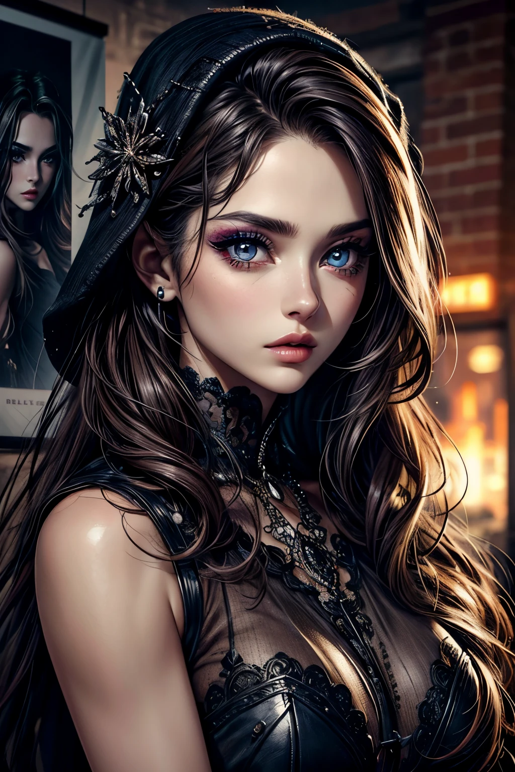 Beautiful detailed eyes, Beautiful detailed lips, Rough clothing, Cool Beauty, Special makeup, fashion modell, poster for,