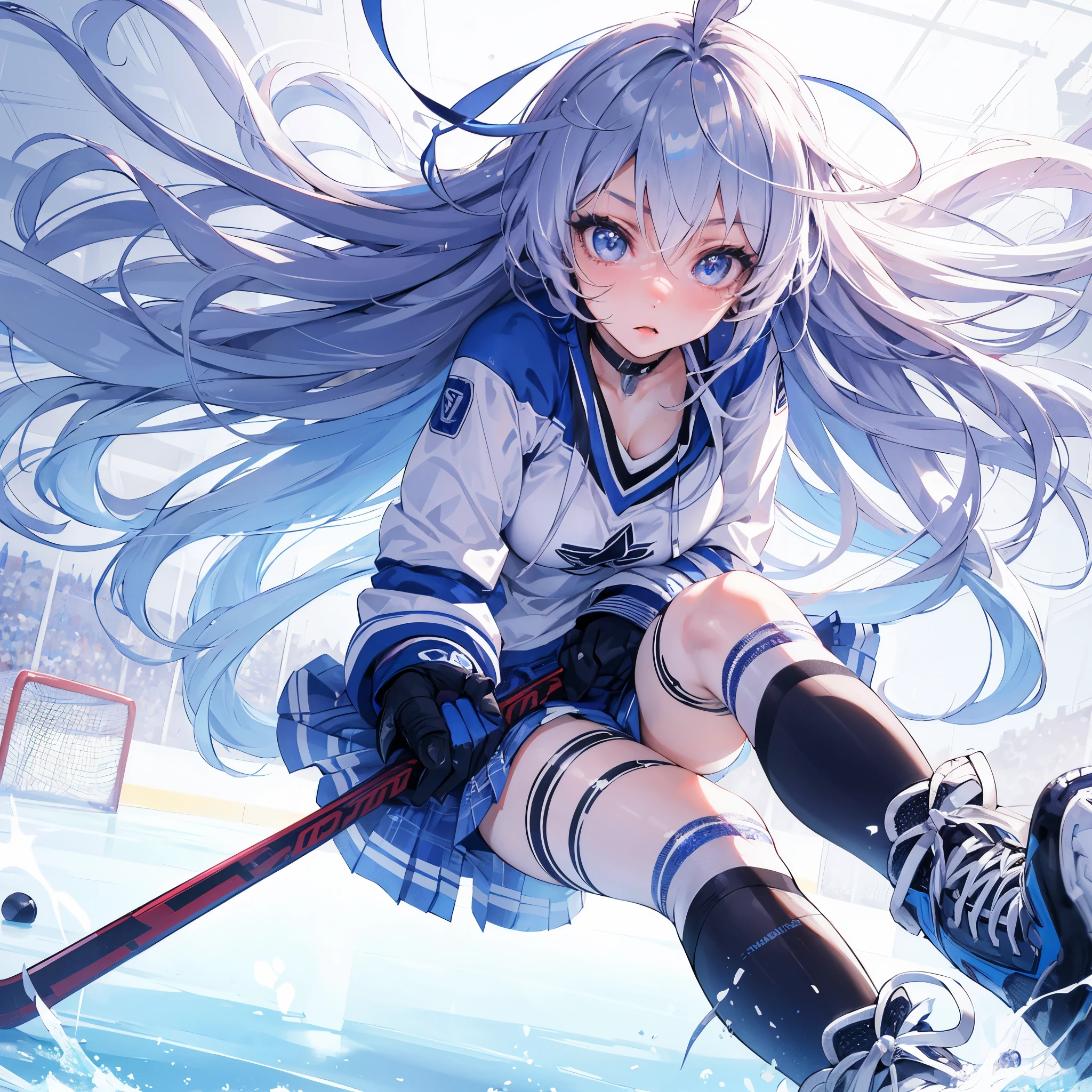 (Best Quality, masutepiece),ultra detailed photographic,1girl in, Women's ice hockey athlete ,Large breasts,nice legs, At ice hockey venue,Detailed beautiful face,Beautiful eyes,detailed hairs,detailed clothes,Detailed realistic skin,Cool,Dynamic Angle,