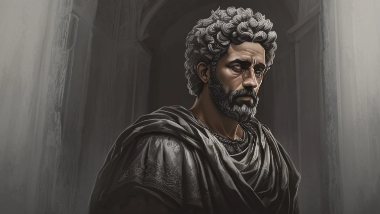 uma pintura de um homem com barba e barba em uma foto em preto e branco, stoic, stoicism, stoic face, godlike and stoic, stoic attitude, stoic pose, Imperador Romano, stoic and calm, Directed by: Roman Bezpalkiv, inspired by Caesar Andrade Faini, Epic portrait illustration, stoic facial expression