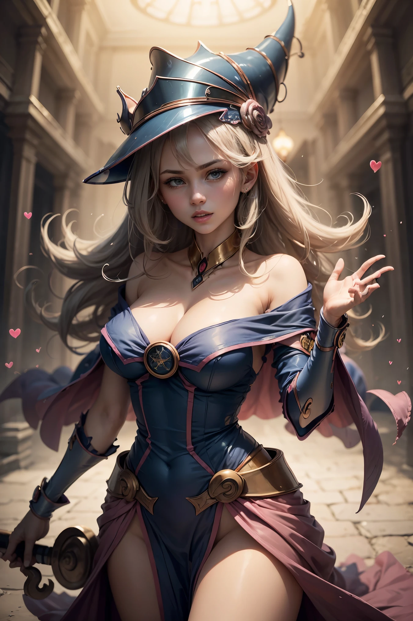 (Obra maestra:1.2), (La mejor calidad:1.2), Perfect lighting, Chica Maga Oscura lanzando un hechizo, In his twenties, flotando en el aire, tetas grandes, escote, blue robe, sombrero grande, desde arriba, Destellos, Yugioh juego, Magic of the Heart. Heart lights, Romantic Heart