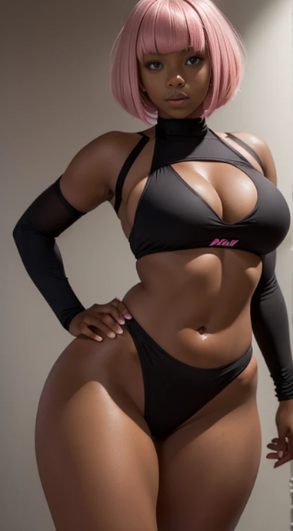 sexy pose, pink hair, (short bangs hair:1.36), detailed brown eyes, narrow waist, depth of field, 1girl, (on a background:1.3), (full body), big breasts, wide hips, athletic figure, ((thigh cutout)), (((dark skin))), oily skin,
