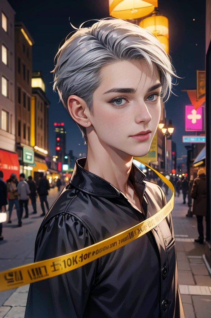 (absurderes, hight resolution, ultra-detailliert, nffsw), masutepiece, Best Quality, 1boy,12year old, Handsome, Short hair, finely eye and detailed face, dimples, Forehead, Night Street, nightcity, Midnight, selfie photo, lightsmile, Upper body, pajamas,Hotai and gray hair color,