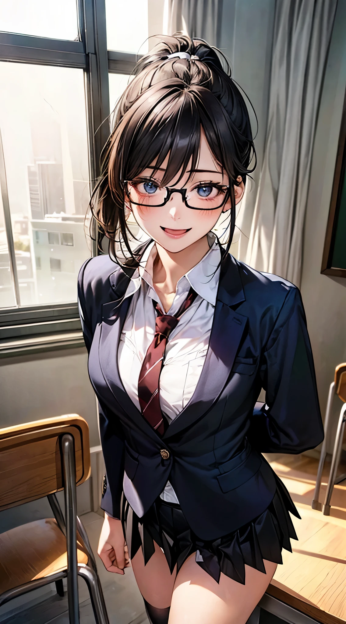 (masterpiece:1.2, top-quality), (realistic, photorealistic:1.4), beautiful illustration, NSFW, 
looking at viewer, cowboy shot, front view:0.8, 
1 girl, japanese, high school girl, black hair, (middle hair:1.4, low ponytail:1.2), bangs, hair between eye, blue eyes, large breasts:1.0, black-rimmed glasses, (thick thighs), 
beautiful hair, beautiful face, beautiful detailed eyes, beautiful clavicle, beautiful body, beautiful chest, beautiful thigh, beautiful legs, beautiful fingers, 
(beautiful scenery), dawn, bright and refreshing classroom, desks, chairs, curtains, 
((black blazer, black pleated miniskirt, socks, private school uniform:1.2, russet necktie)), white panties, 
(swollen), ((seductive posture: 1.2, attractiveness: 1.2)), (idle),
(erotic,sexy, upper eyes, smiling smile: 1.2), shiny skin, open mouth, 
perfect face, cute and symmetrical face, natural side lighting, movie lighting),