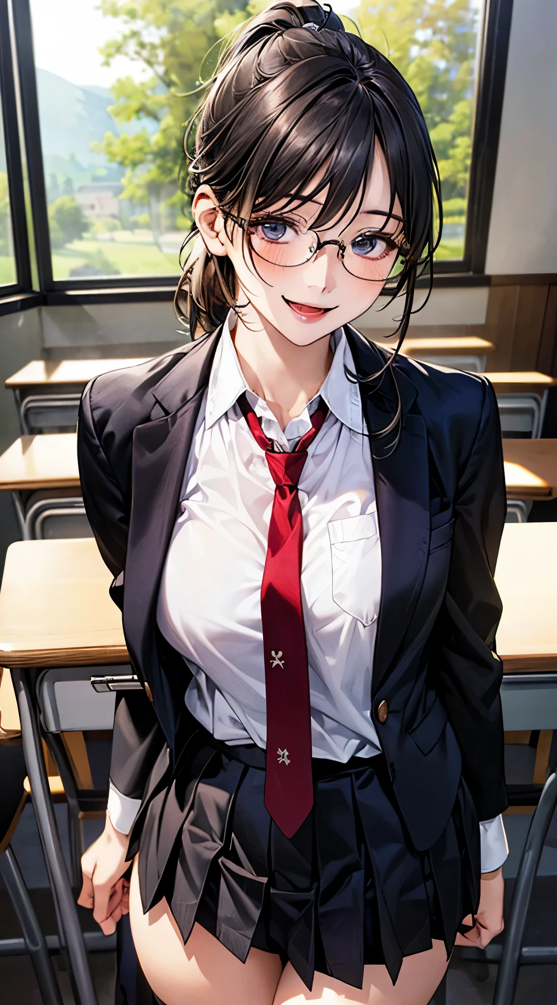 (masterpiece:1.2, top-quality), (realistic, photorealistic:1.4), beautiful illustration, NSFW,
looking at viewer, cowboy shot, front view:0.8,
1 girl, japanese, high school girl, black hair, (middle hair:1.4, low ponytail:1.2), bangs, hair between eye, blue eyes, large breasts:1.0, black-rimmed glasses, (thick thighs),
beautiful hair, beautiful face, beautiful detailed eyes, beautiful clavicle, beautiful body, beautiful chest, beautiful thigh, beautiful legs, beautiful fingers,
(beautiful scenery), dawn, bright and refreshing classroom, desks, chairs, curtains,
((black blazer, black pleated miniskirt, socks, private school uniform:1.2, russet necktie)), white panties,
(swollen), ((seductive posture: 1.2, attractiveness: 1.2)), (idle),
(erotic,sexy, upper eyes, smiling smile: 1.2), shiny skin, open mouth,
perfect face, cute and symmetrical face, natural side lighting, movie lighting),