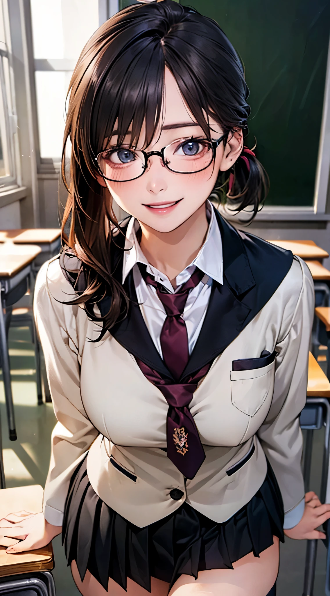 (masterpiece:1.2, top-quality), (realistic, photorealistic:1.4), beautiful illustration, NSFW, 
looking at viewer, cowboy shot, front view:0.8, 
1 girl, japanese, high school girl, black hair, (middle hair:1.4, low ponytail:1.2), bangs, hair between eye, blue eyes, large breasts:1.0, black-rimmed glasses, (thick thighs), 
beautiful hair, beautiful face, beautiful detailed eyes, beautiful clavicle, beautiful body, beautiful chest, beautiful thigh, beautiful legs, beautiful fingers, 
(beautiful scenery), dawn, bright and refreshing classroom, desks, chairs, curtains, 
((black blazer, black pleated miniskirt, socks, private school uniform:1.2, russet necktie)), white panties, 
(swollen), ((seductive posture: 1.2, attractiveness: 1.2)), (idle),
(erotic,sexy, upper eyes, smiling smile: 1.2), shiny skin, open mouth, 
perfect face, cute and symmetrical face, natural side lighting, movie lighting),