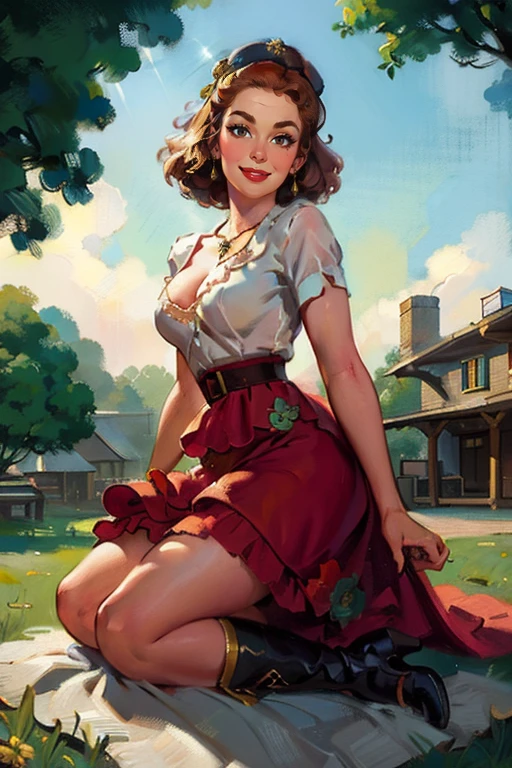 photograph of adult woman (style of Bob Mizer, Caravaggio, Rembrandt Lighting:1.3), wide cinematic establishing shot seductive woman picnic under tree, (Layered Depth, Parallax Effect, Soft focus foreground, Painted Scenery:1.3), (cleavage, bra, medium breasts, adult Irish redhead:1.25), short backlit hair, perfect face, thin upper lip, pouty lower lip, thin brows, small upturned nose, bow-shaped lips, large expressive almond shaped eyes, Raised Eyebrows, Focused Gaze, eager expression, BREAK quaint farm setting, (relaxed country woman), (tight unbuttoned shirt, thin material), subsurface scattering, silk classic cotton, soft pastel, intricate embroidery collar cuffs, rolled-up sleeves revealing sun-kissed forearms BREAK (blanket:1.3), rich textures, patchwork design, vibrant colors, detailed stitching, homely aesthetic (skirt), elegant rustic charm, subtle floral pattern, linen, sways breeze BREAK ((wildflower wreath)) crown delicate chain necklace, small, intricate pendant, heart-shaped with floral theme, glowing subtly in the soft light, ethereal quality:1.2), [lens flare glinting], (mischievous yet content expression), (sneaking away for a break), lush green fields in the background, (soft, sunlit ambiance), simple leather boots, carefree hair,