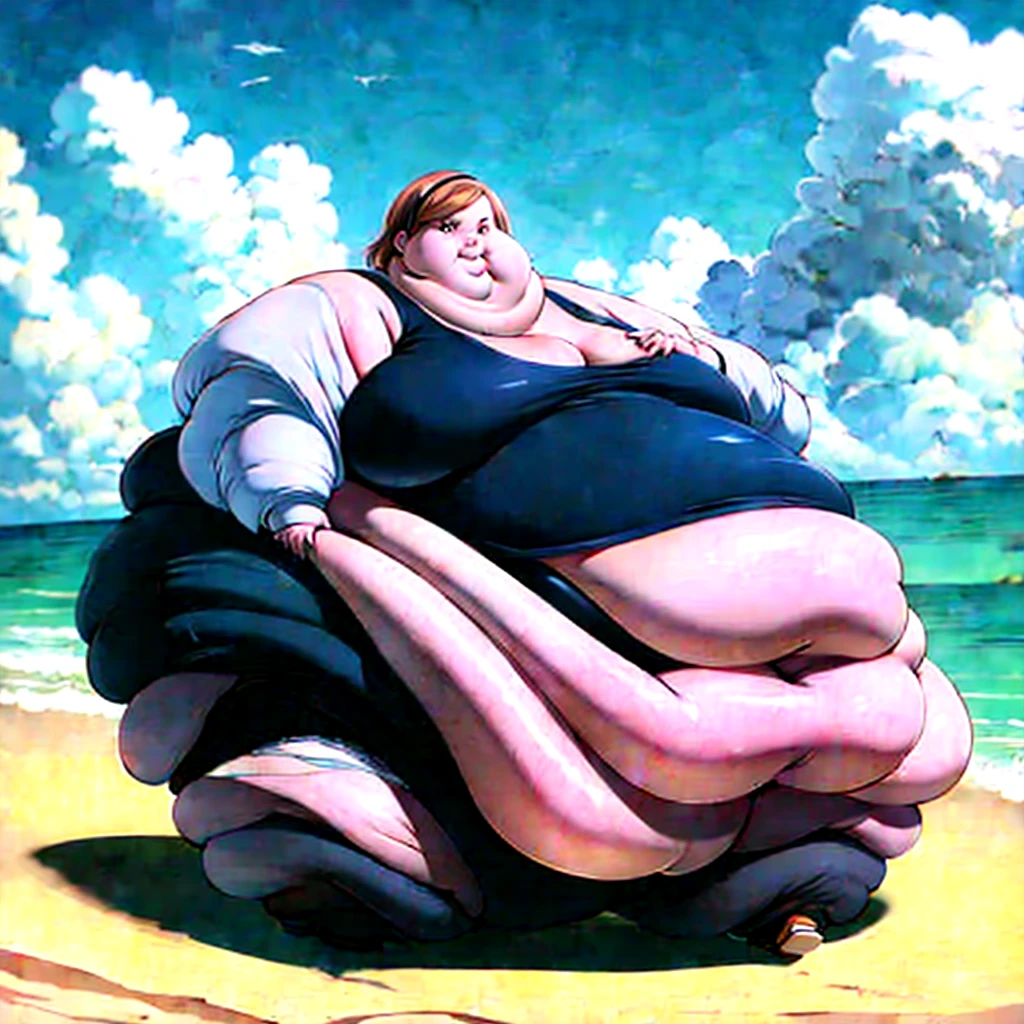The painting of Mona Lisa as an Obese woman, Mona Lisa with huge breasts, Huge fat belly, thicc soft arms, thicc legs