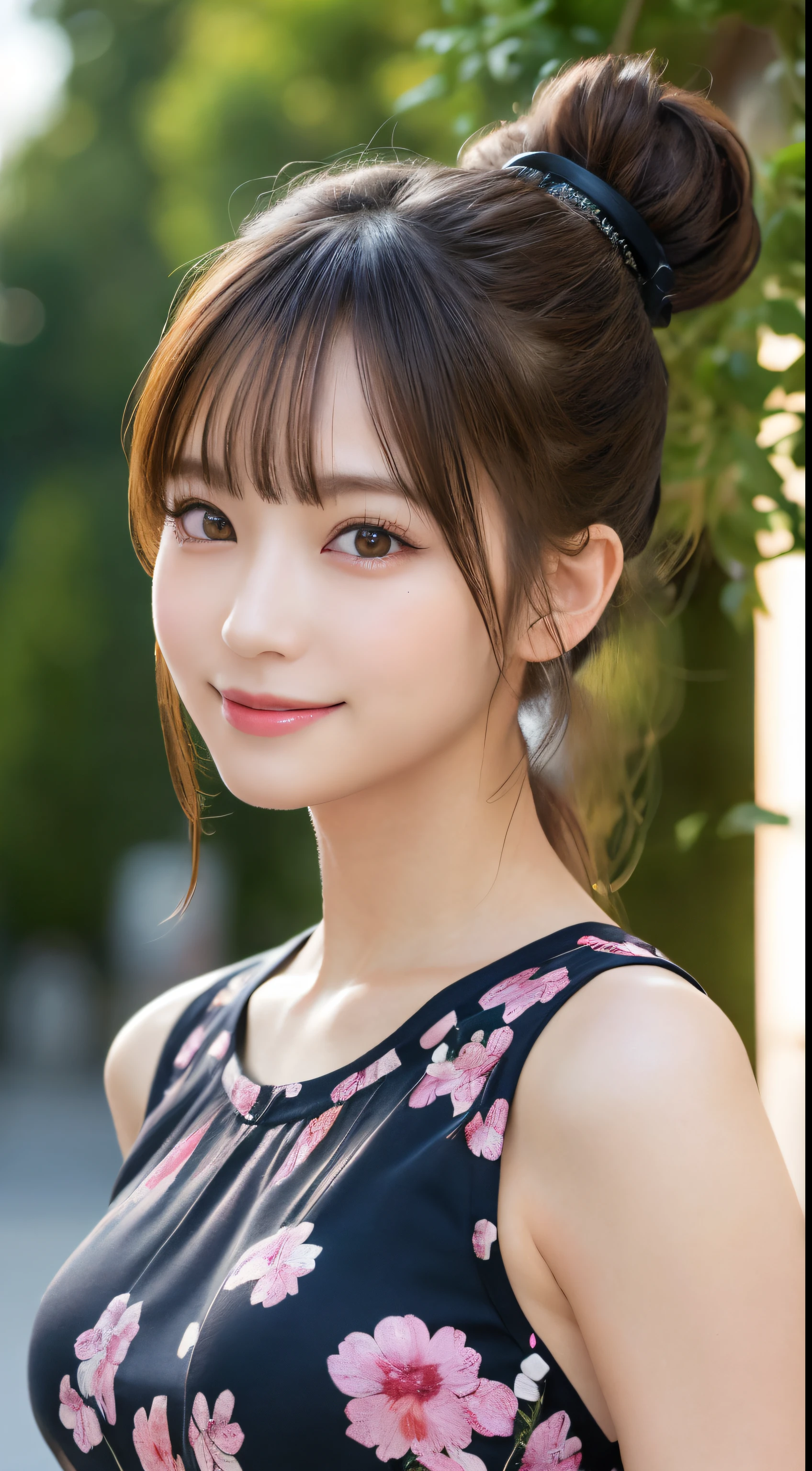 masutepiece, Best Quality, Illustration, Ultra-detailed, finely detail, hight resolution, 8K Wallpaper, Perfect dynamic composition, Beautiful detailed eyes, Women's Fashion Summer,Ponytail hair,Small breasts natural color lip, Bold sexy poses,Smile,Harajuku、20 years girl、Cute、Sexy shot looking at camera