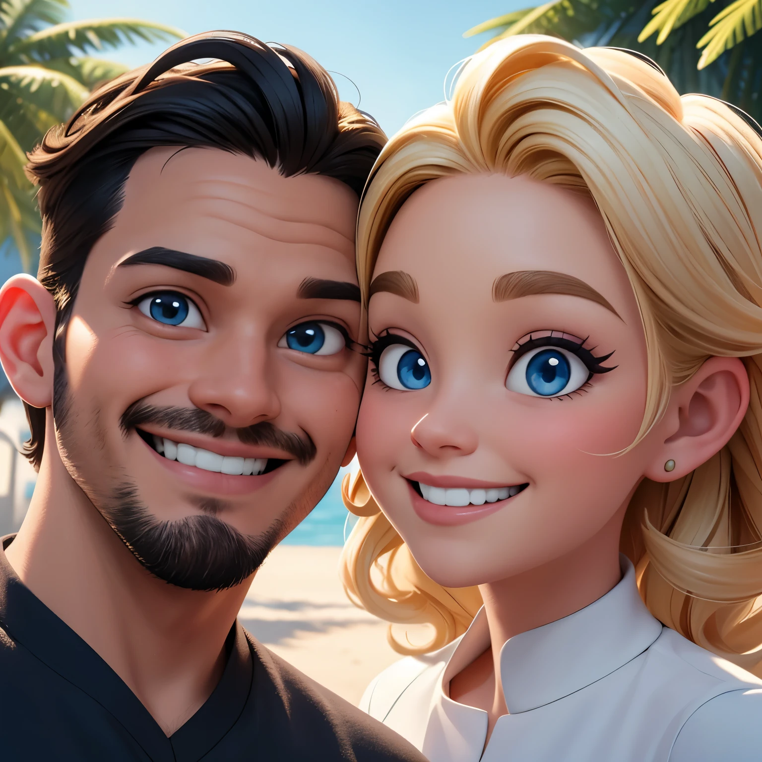 An illustration of an adorable couple, Highlight for a smiling chubby white man and a white woman with beautiful expressive eyes - the man's skin is white and the man's hair is black with receding, while the woman's skin is white and the woman's hair is curly and blonde. They are in a bright park, cada um com um sorriso no rosto, e compartilhar um momento especial caracterizado pelo amor, Insights. Illustrate this scene from a perspective where they are facing the camera, Smiling and Showing Your Connection. Desenvolva esta arte em Full HD, Focus on your cinematic touch, Estilo Disney Pixar Animations