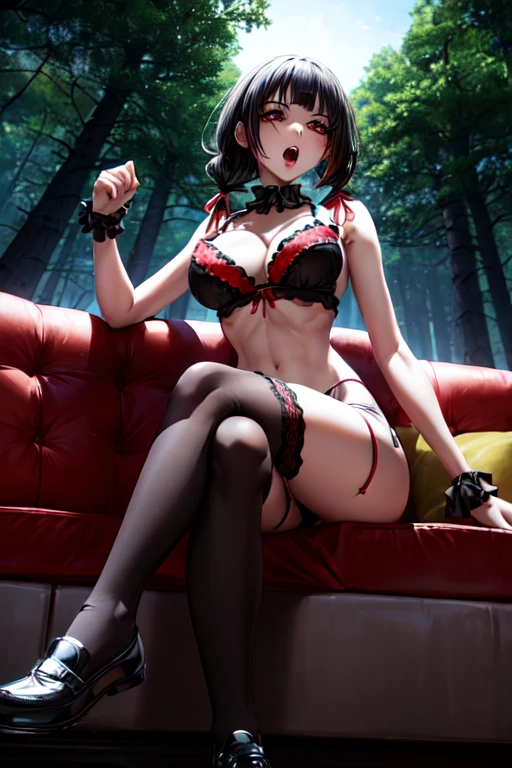 ((full body)), ((full pose)), kurumitokisaki, tokisaki kurumi, clock eyes, black hair, twintails, (red eyes:1.3), (yellow eyes:1.3), heterochromia, (medium breasts:1.3), ((Ahegao face:1.5)), ((slim body:1.5)), ((red cheeks:1.4)), ribbon, ((sexy black lingerie:1.4)), ((medium cleavage:1.4)), BREAK looking at viewer, BREAK (masterpiece:1.2), best quality, high resolution, unity 8k wallpaper, (illustration:0.8), (beautiful detailed eyes:1.6), extremely detailed face, perfect lighting, extremely detailed CG, (perfect hands, perfect anatomy), ((short-cut:1.4)), ((from down:1.4)), ((hands on chest:1.4)), ((crossed legs:1.5)), ((black knee socks:1.4)), ((black panties:1.4)) ((sitting on sofa:1.5)), ((black wedge shoes:1.5)), ((close up:1.4)) ((Sky from below:1.5)), ((forest background:1.4)), ((night:1.5)),