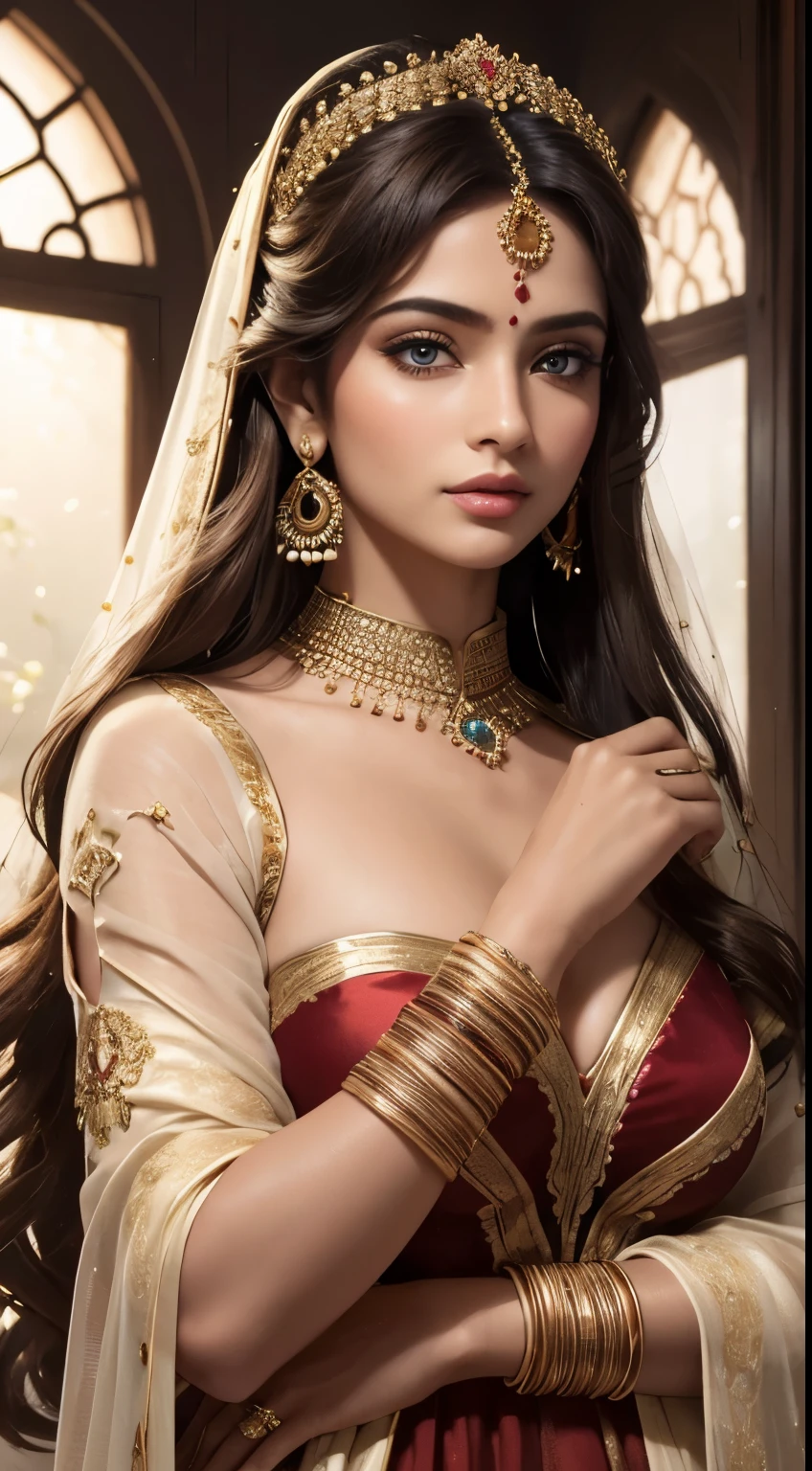 (best quality,4k,8k,highres,masterpiece:1.2),ultra-detailed,(realistic,photorealistic,photo-realistic:1.37), masterpiece, (1 beautiful young Russian bride), beautiful square face, wearing crimson square deep neck velvet embroidery dress half sleeves inspired by india, (dark rooted blonde hair:1.2), cleavage, best bridal make-up,  long eyelashes, big grey blue eyes, soft lips,gold jewellery, bangles, perfect skin, beautiful hands, (thick mehndi design on full arms:1), (dynamic lighting)