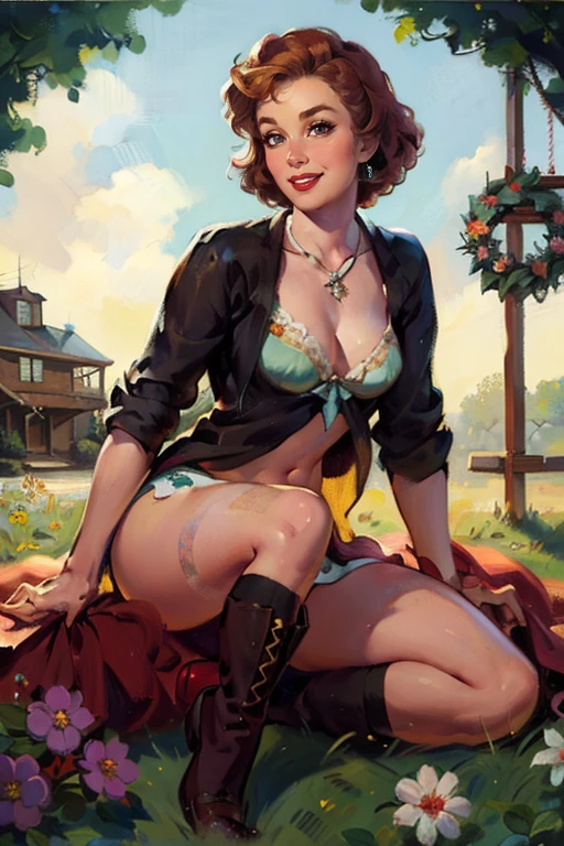 photograph of  woman (style of Bob Mizer, Caravaggio, Rembrandt Lighting:1.3), wide cinematic establishing shot seductive woman picnic under tree, (Layered Depth, Parallax Effect, Soft focus foreground, Painted Scenery:1.3), (cleavage, bra, medium breasts,  Irish redhead:1.25), short backlit hair, perfect face, thin upper lip, pouty lower lip, thin brows, small upturned nose, bow-shaped lips, large expressive almond shaped eyes, Raised Eyebrows, Focused Gaze, eager expression, BREAK quaint farm setting, (relaxed country woman), (tight unbuttoned shirt, thin material), subsurface scattering, silk classic cotton, soft pastel, intricate embroidery collar cuffs, rolled-up sleeves revealing sun-kissed forearms BREAK (blanket:1.3), rich textures, patchwork design, vibrant colors, detailed stitching, homely aesthetic (skiregant rustic charm, subtle floral pattern, linen, sways breeze BREAK ((wildflower wreath)) crown delicate chain necklace, small, intricate pendant, heart-shaped with floral theme, glowing subtly in the soft light, ethereal quality:1.2), [lens flare glintinischievous yet content expression), (sneaking away for a break), lush green fields in the background, (soft, sunlit ambiance),  leather boots, carefree hair,