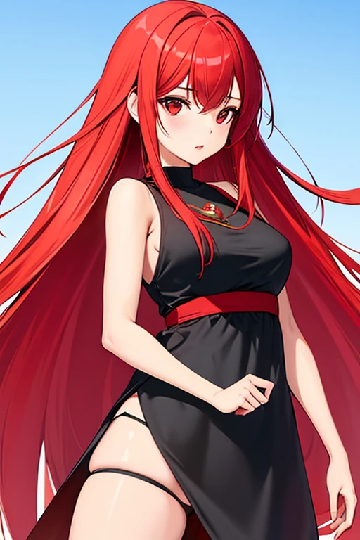 (La mejor calidad, anime, cuerpo completo, illustration, hembra madura, chica mala, largo Pelo rojo, Mirando al espectador, ojos azules, senos grandes, saco ?????, vestido corto rojo,