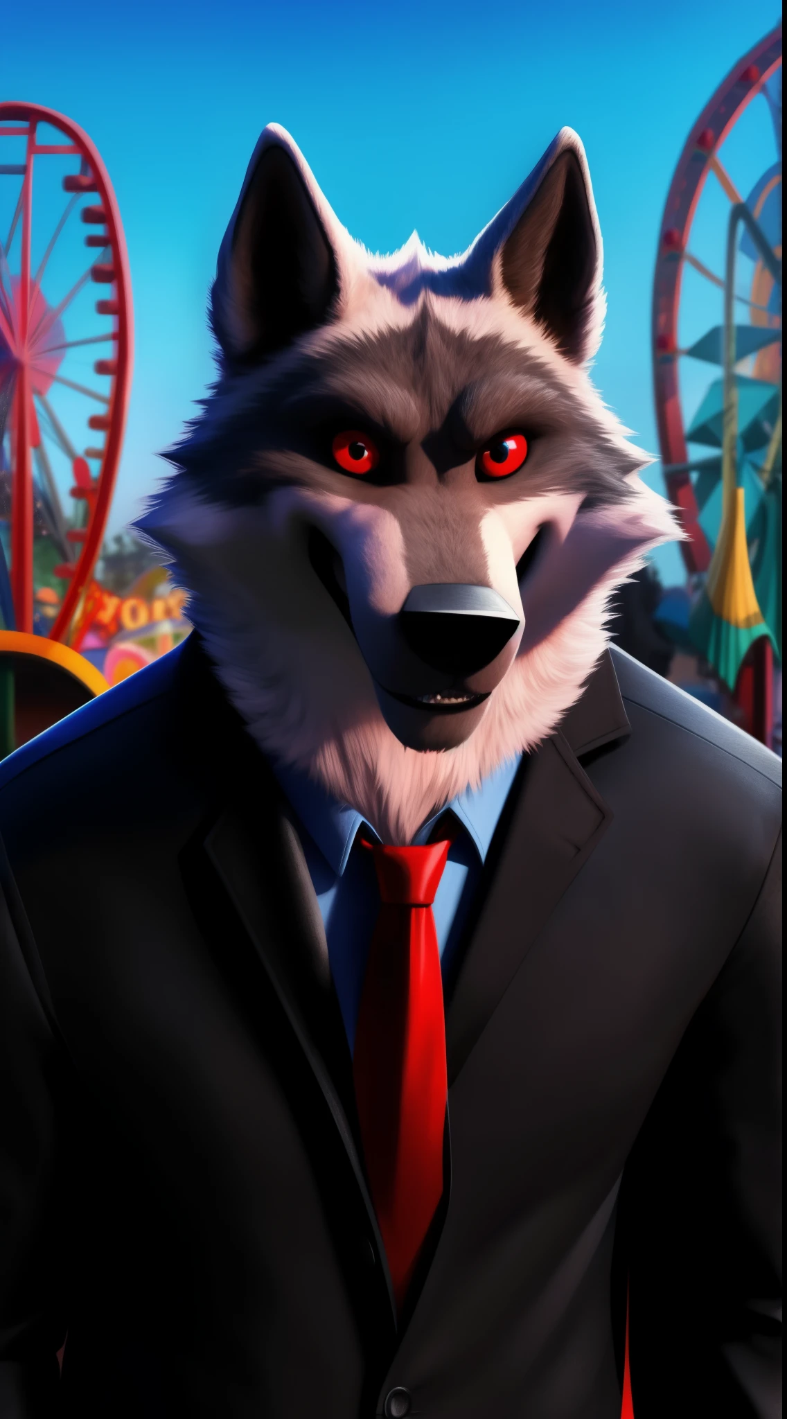 A 32K HDR portrait of the death wolf alone, a realistic background of an amusement park in California, wearing a black jacket with a tie, red eyes, looking at the viewer, serious expression, a superhero pose