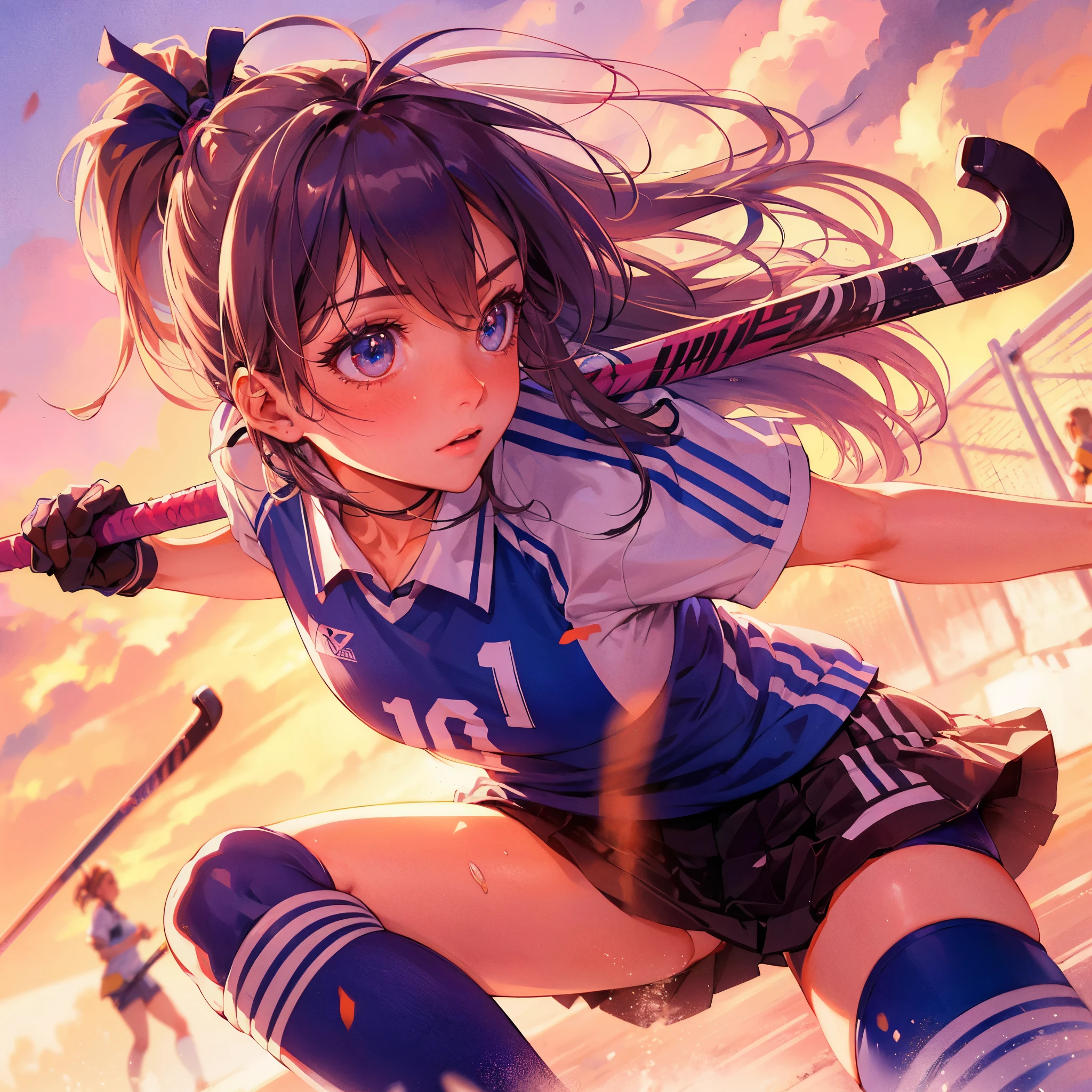 (Best Quality, masutepiece),ultra detailed photographic,1girl in, Women's field hockey athlete ,Large breasts,nice legs, At field hockey venue,Detailed beautiful face,Beautiful eyes,detailed hairs,detailed clothes,Detailed realistic skin,Cool,Dynamic Angle,