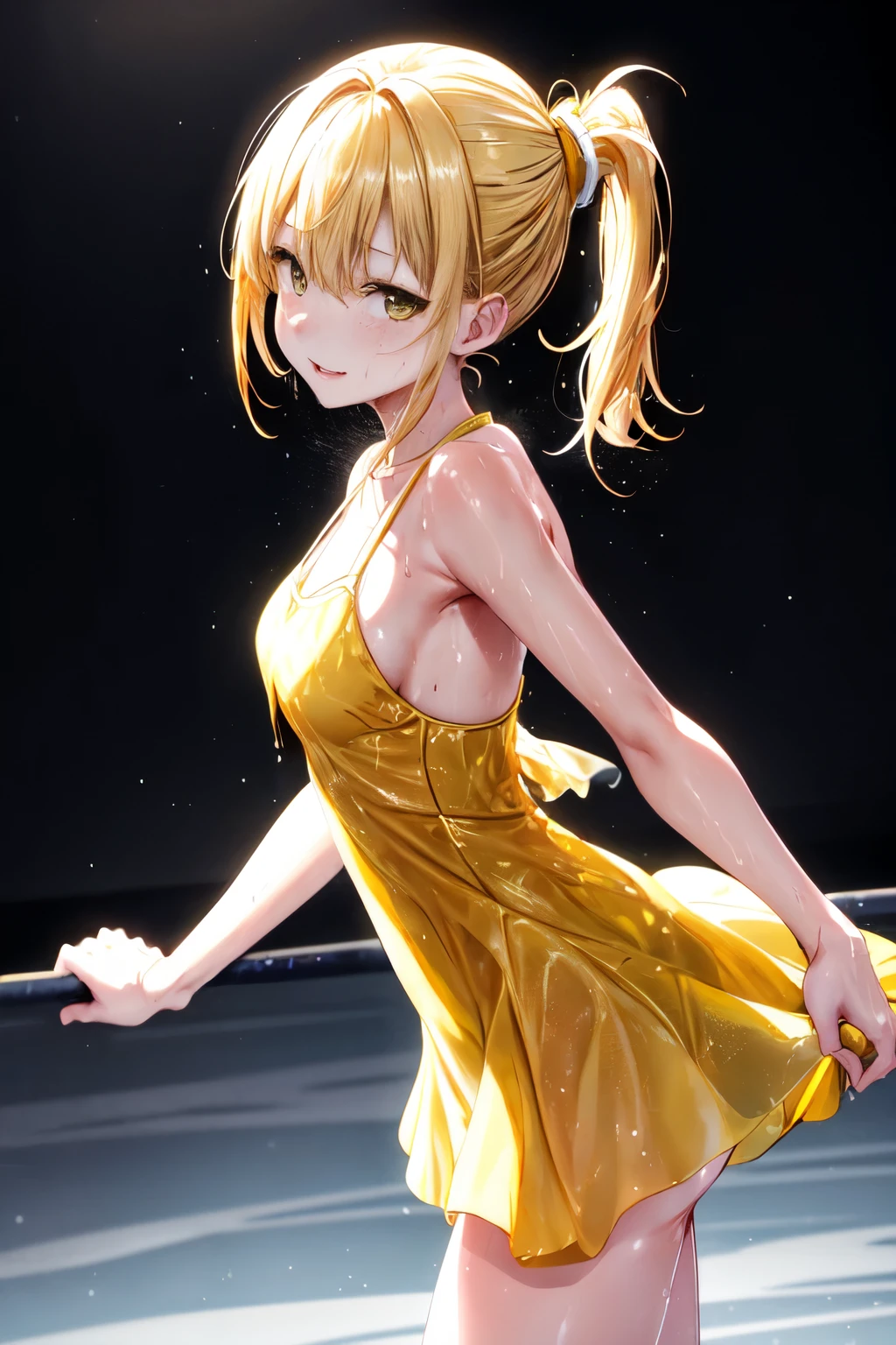 top-quality、hight resolution, (figure skating yellow dress costume woman)、Slender Line、A dark-haired、Looks like a model, Skating Ring、Yellow panties、Blonde ponytail、full of sweat、Dripping sweat、