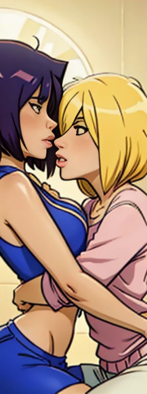 pov, two girls, goth short hair girl purple eyeshadow and black lipstick, blonde blue eyes girl, licking penis, foreskin, good girl and evil girl, long hair, short hair