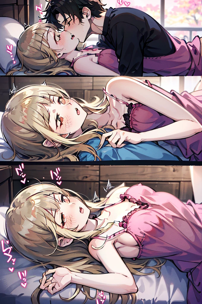 Perfect human body、1 handsome man,1 girl、A couple、heterosexuality、 NSFW, ((Lie down in bed)), (very highly detailed background), (((Guy kisses girl))), (girl wearing camisole、mini-skirts),鎖骨,Oversized chest, ((woman with fever)), ((perspiring,steamy))), ((The expression of coloce flushed),