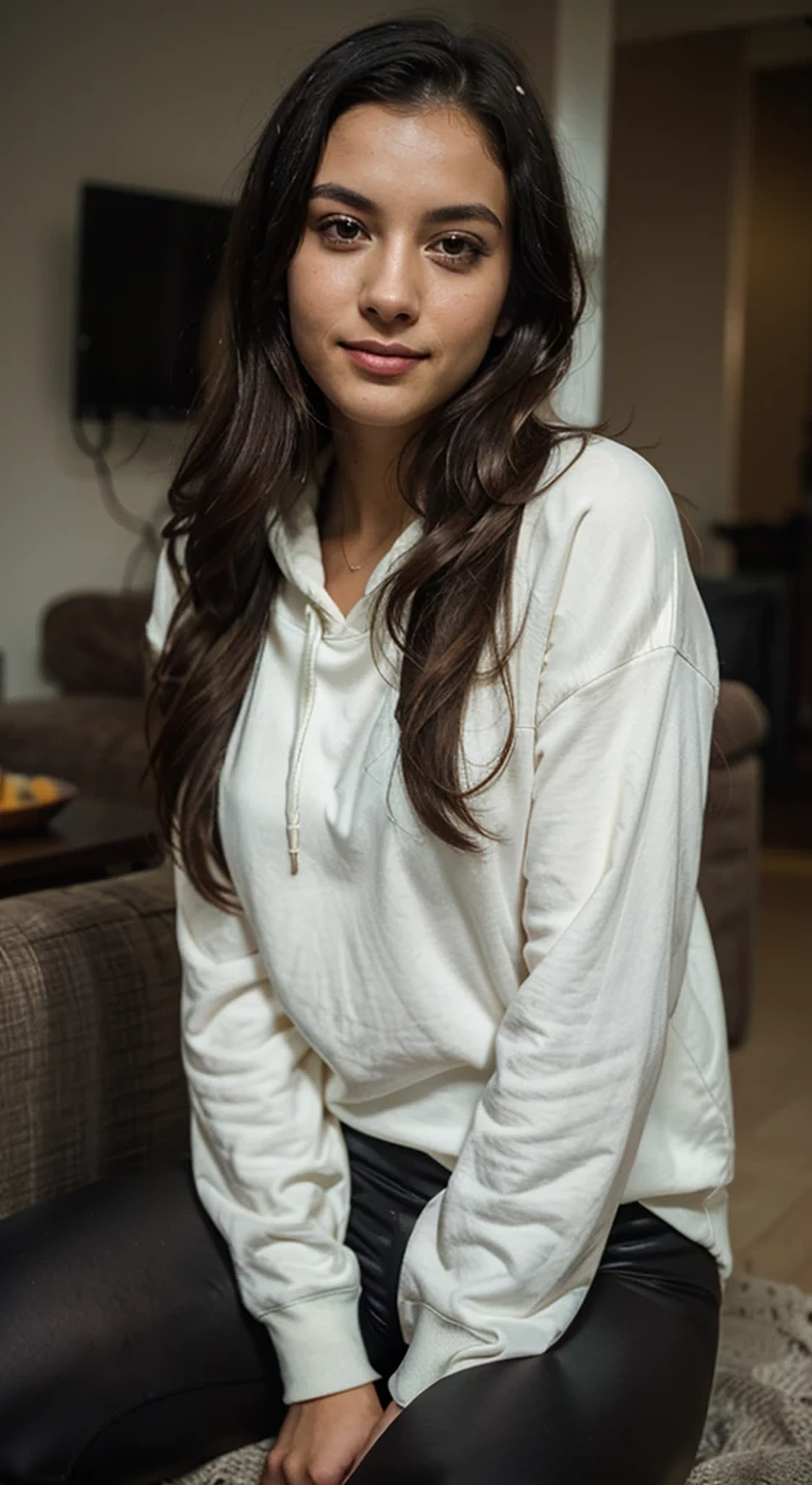 beautiful woman, smiling, long straight black hair, wearing a yellow oversize hoodie without print and(sporty yellow leggins):1.7, front view (sitting inside a cozy stylish living room), very detailed, 30 years, natural wave hair, dark brown eyes, high-res, masterpiece, best quality, intricate details, highly detailed, sharp focus, detailed skin, realistic skin texture, texture, detailed eyes,  professional, 4k, 85mm, shallow depth of field, kodak color vision, perfect fit body, extremely detailed, photo_\(ultra\), photorealistic, realistic, post-processing, maximum detail, roughness, real life, ultra realistic, photorealism, photography, 8k uhd, photography (grain of film) medium shot for closeup shot atmospheric dark lighting