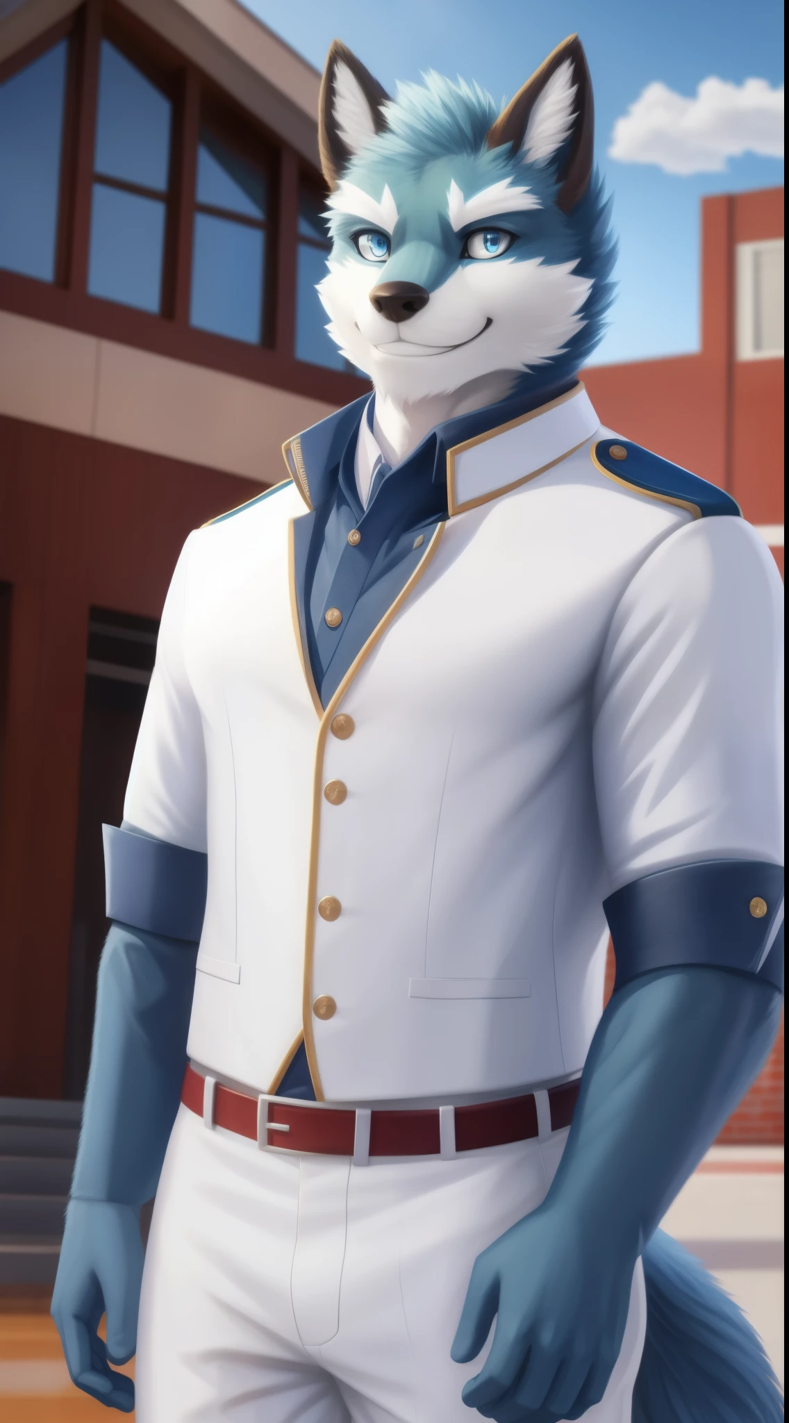 A 32K HDR portrait of argo alone, a realistic high school background wearing his white high school outfit, blue eyes, full body, looking at the viewer, cool smile