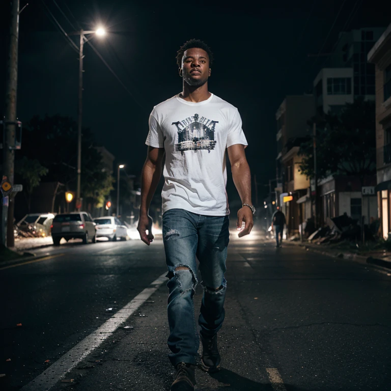 An ultra realistic digital image illustration of a handsome African American man walking at night in a very dark street between two tornadoes with a lot of chaos and debris surrounding him . He is wearing a white t-shirt that says 'I FEAR NO EVIL' in black letters on it, white jeans, and hiking boots. He is walking through a streey of darkness with large brown hands dressed in biblical attire over him with beaming light extended from heaven above.