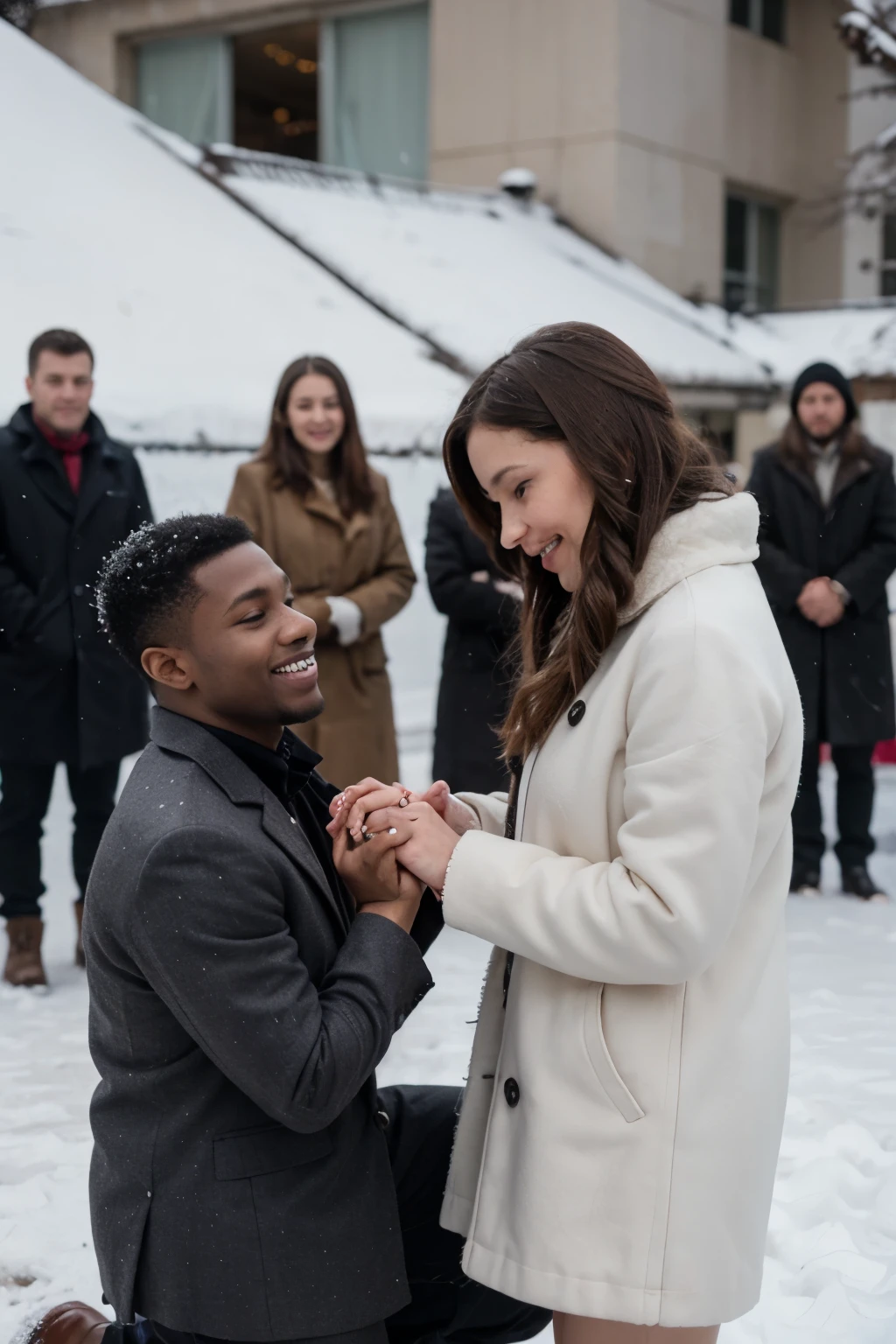 ((best quality)), ((masterpiece)), (detailed), perfect face*prompt*
*Dark skin couple with locs in the snow dressed in luxurious outfits. the man on one knee proposing to the woman as she is in shock. a group of people are smile while watching the proposal.*
*Image*👇