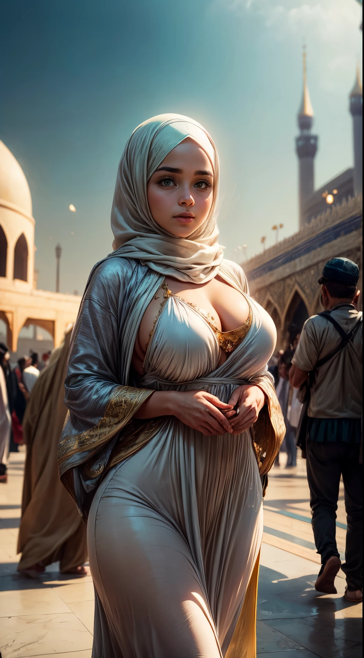 Tia is shown to have a fairly slender figure. She has white-grey hair , she has short hair and large pale green eyes, A modest young girl wearing a hijab and a traditional Saudi dress, on her way to perform the Hajj and Umrah rituals in Saudi Arabia.  The girl is shown walking confidently and comfortably in one of the sacred areas.
 The image reflects the spirituality and dedication found in this sacred journey, as the girl appears focused and open in her heart, and is committed to performing sacred rituals and worship.  The picture shows that the girl is determined to achieve this important religious , and we can see happiness and peace in her face.
 The background of the picture is beautiful and conducive to peace and spirituality, as we see the traditional yellow houses in the background, and the Grand Mosque or the Holy Kaaba may appear in the view as well.  Large crowds of pilgrims and Umrah pilgrims can be seen participating in the same journey, giving the image a feeling of collective participation in this spiritual experience., cleavage exposed, big breasts, superior quality, many details, Puri focus  Sharp and realistic